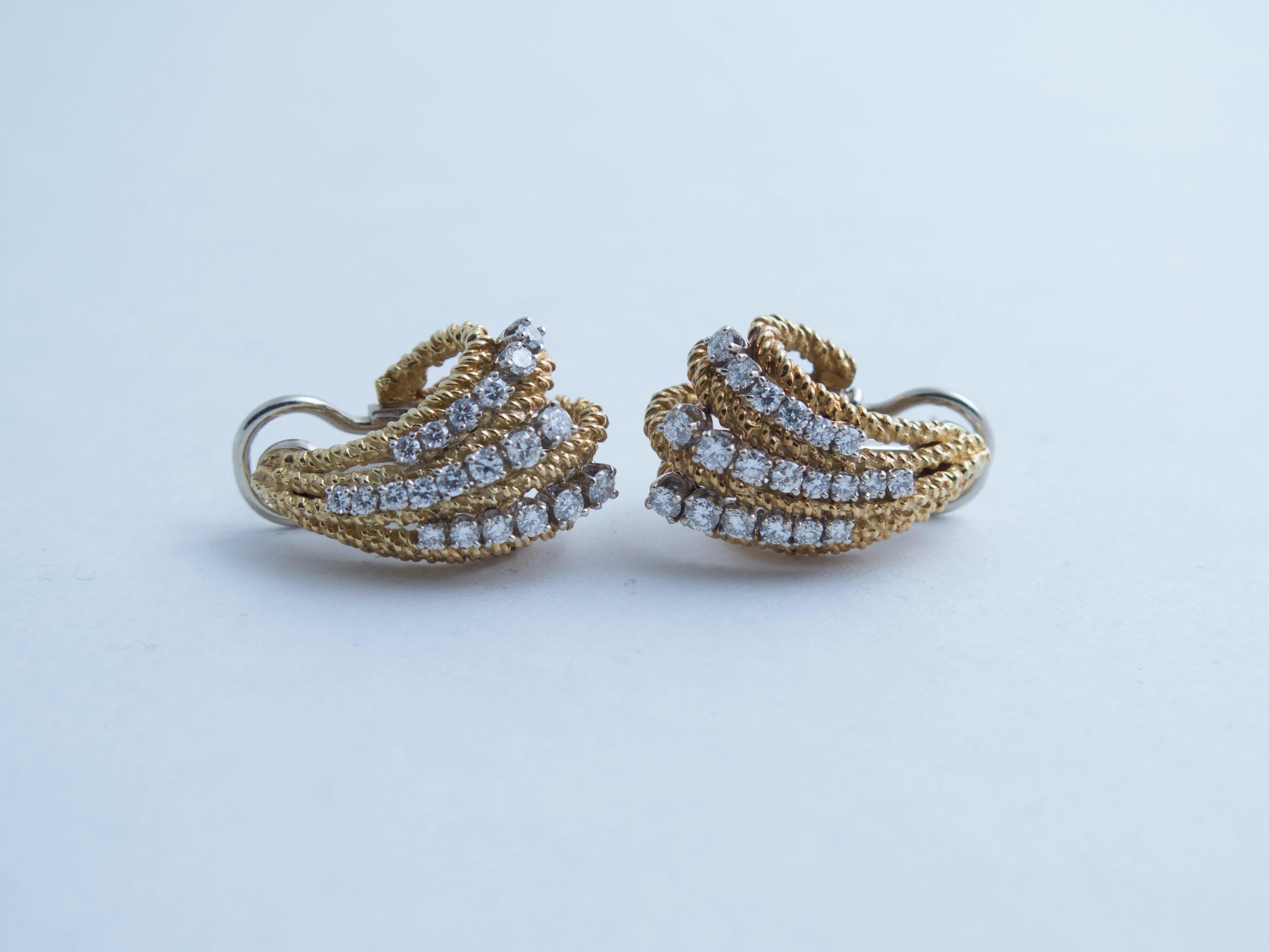 Round Cut 1960's Organic-Form Diamond and Gold Earrings For Sale