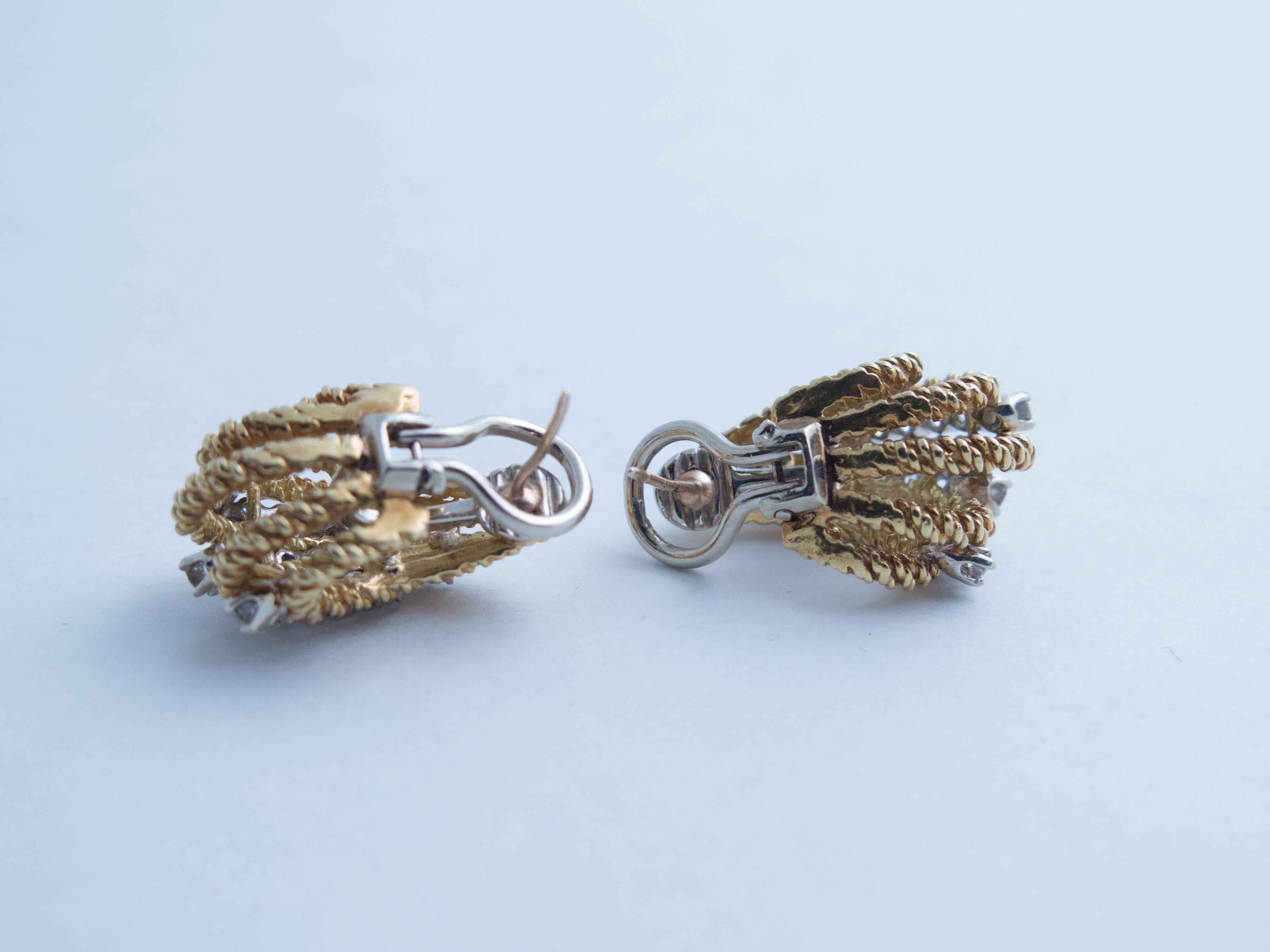 Modern 1960's Organic-Form Diamond and Gold Earrings For Sale