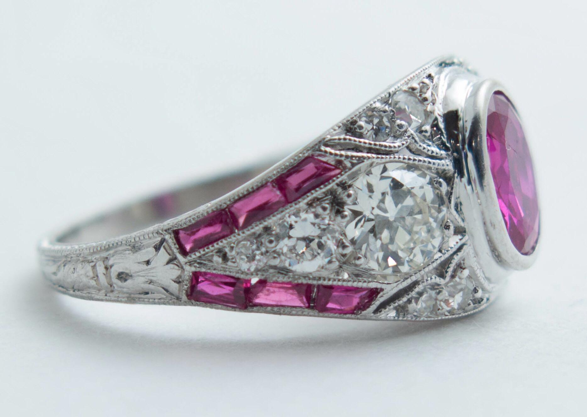 Women's Art Deco Ruby and Diamond Platinum Milgrain Engagement Ring