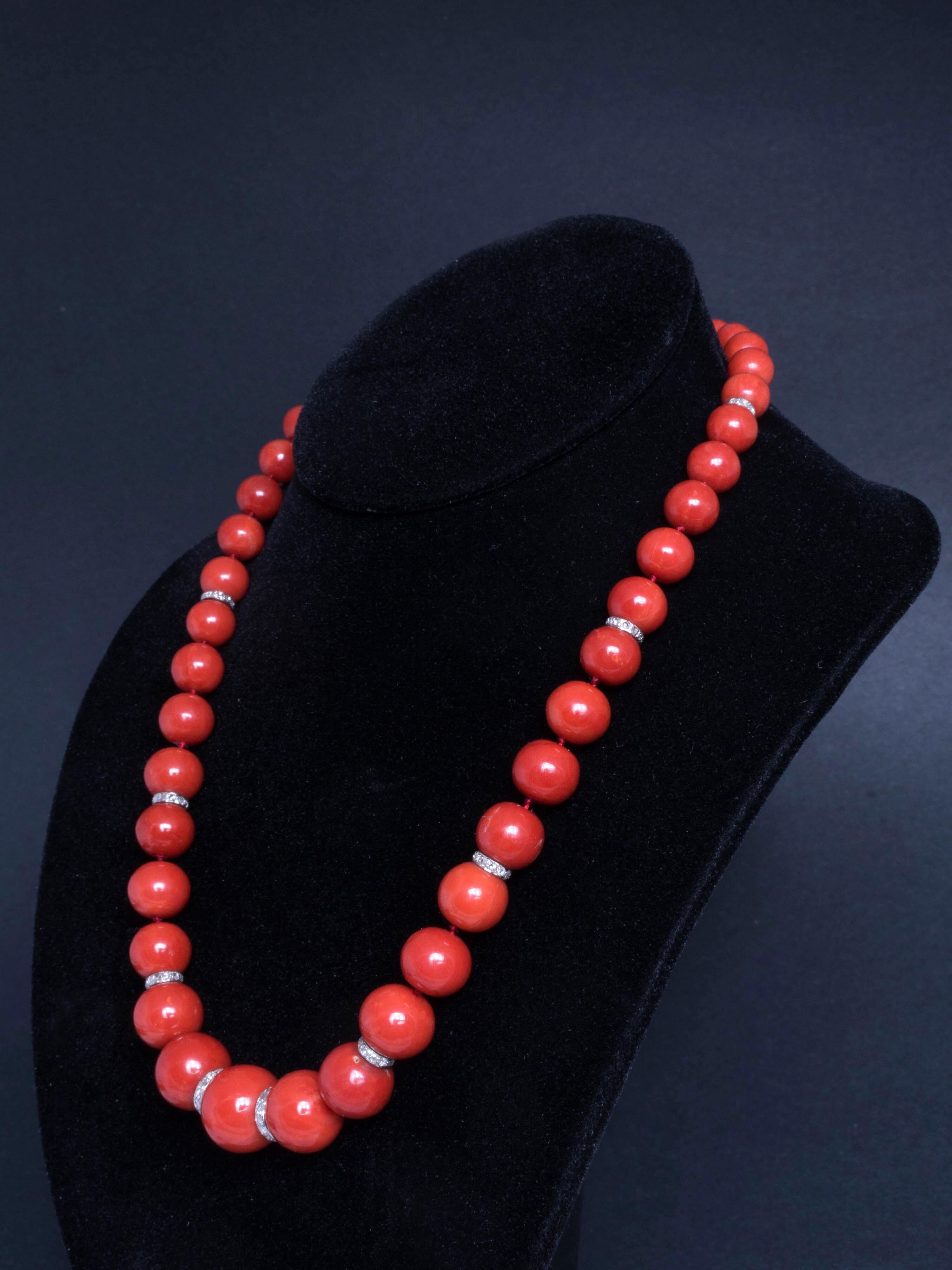 Round Cut Red Natural Coral Bead Diamond Necklace For Sale