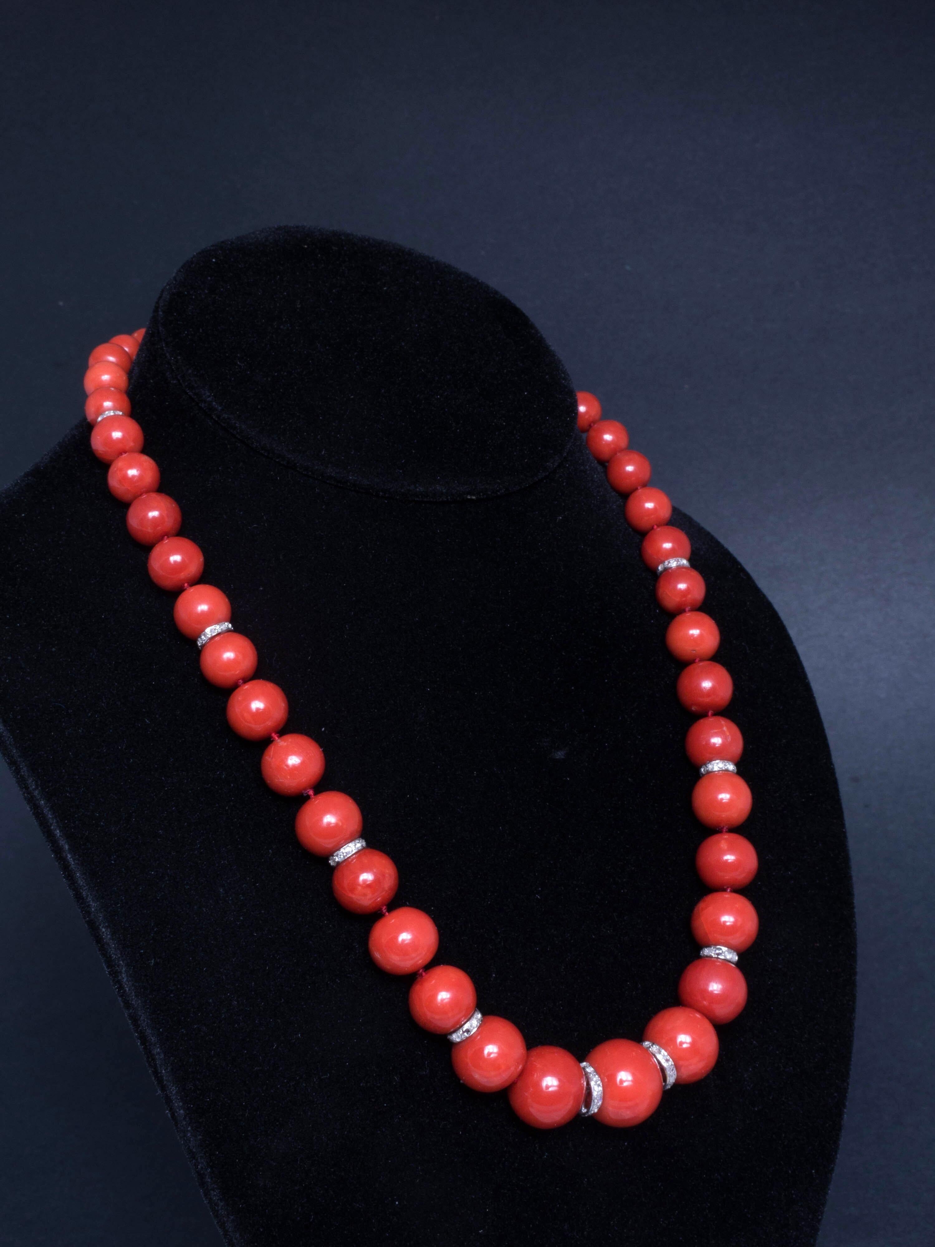 Red Natural Coral Bead Diamond Necklace In Good Condition For Sale In Austin, TX