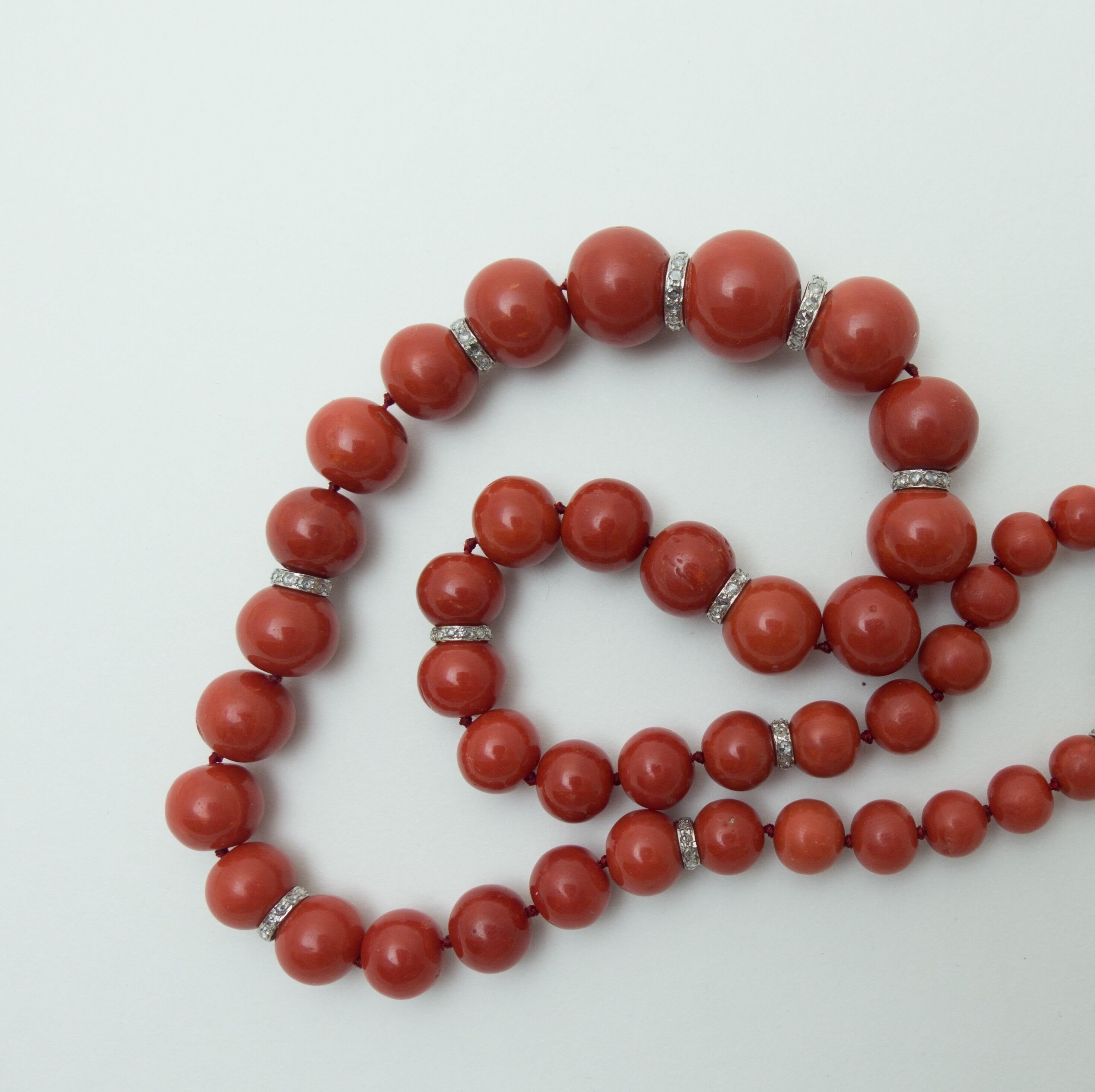 Modern Red Natural Coral Bead Diamond Necklace For Sale