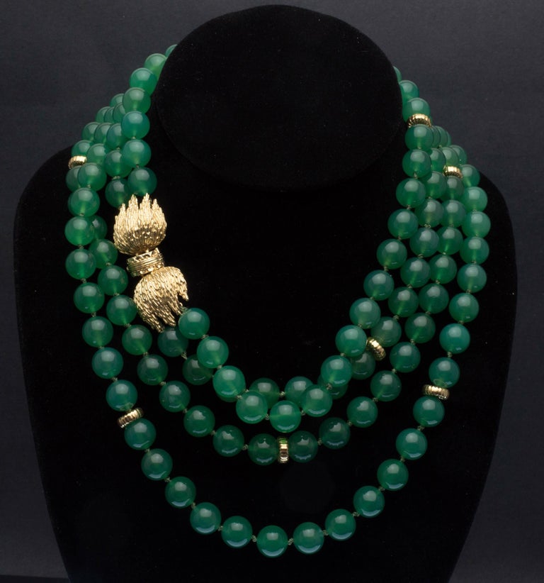 Green Chalcedony Beads Gold Long Double Stands Necklace at 1stdibs