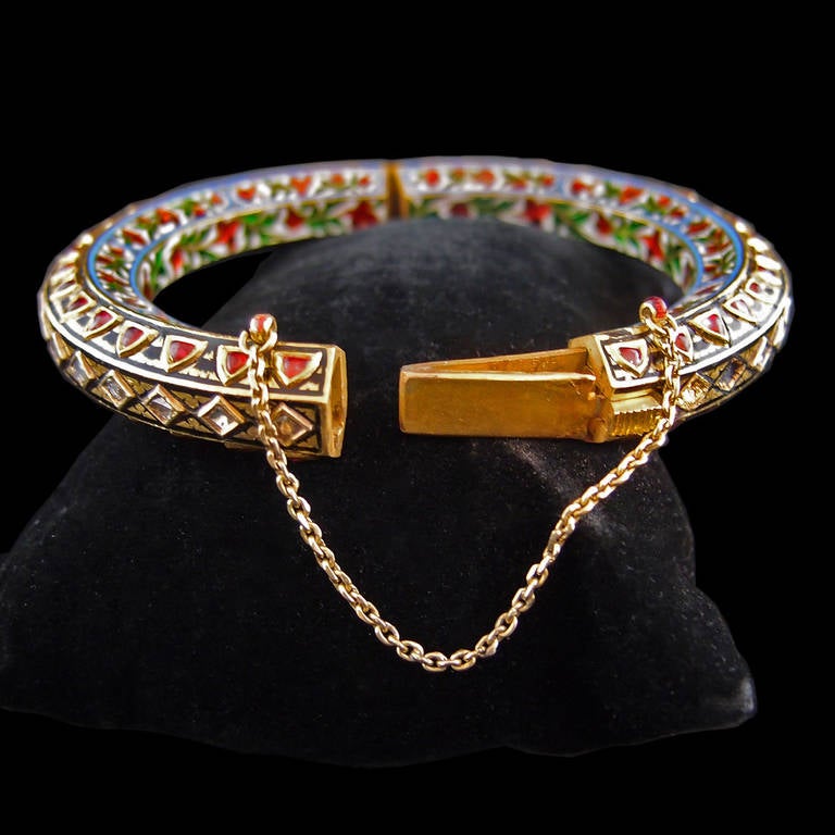 Rough Cut Mughal Gold, Diamond, Ruby and Enamel Bangle For Sale
