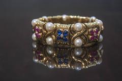 Bulgari Ruby Sapphire and Pearl Flexible Gold Cuff Bracelet Bangle