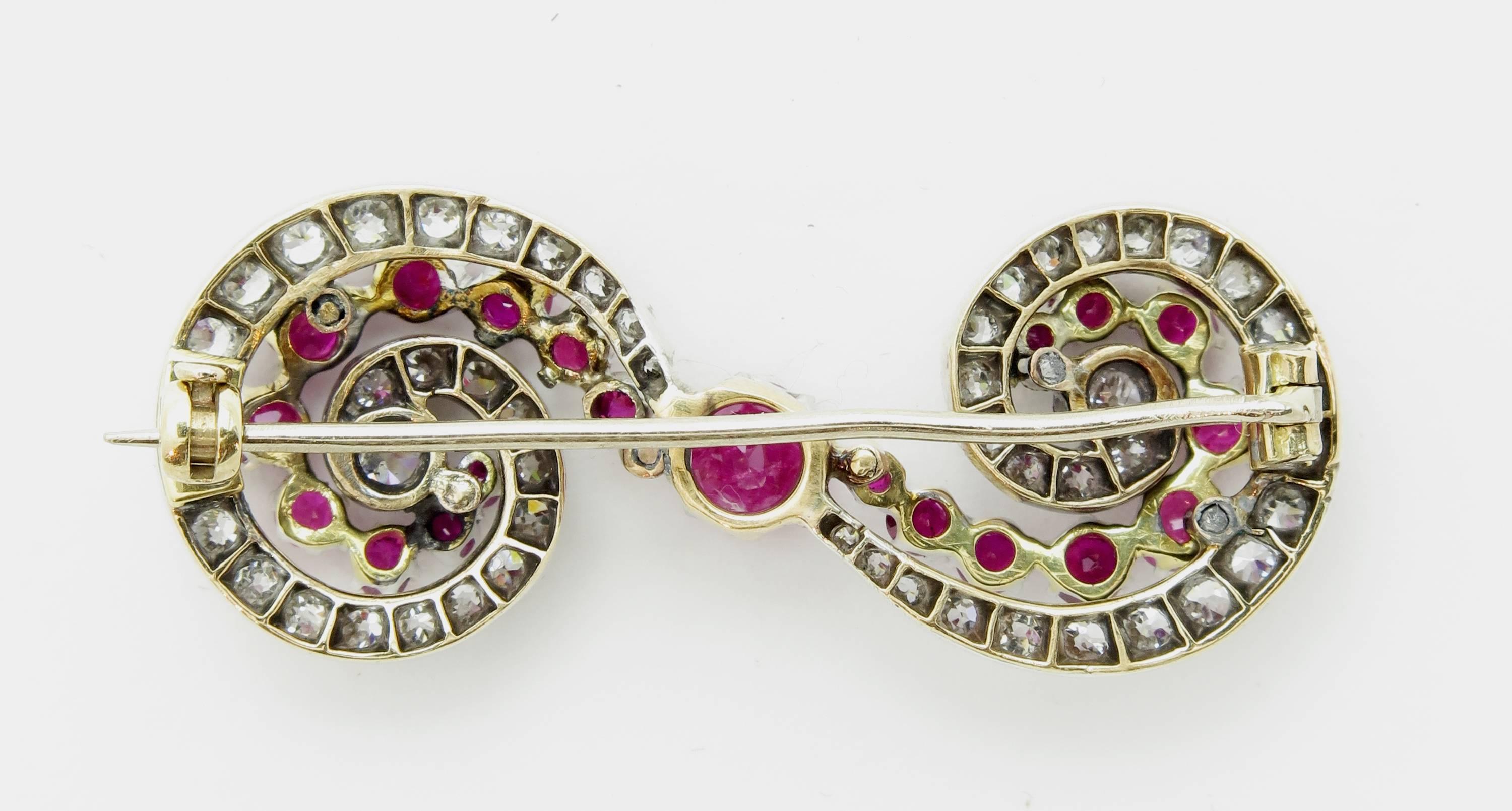 Women's Victorian Ruby and Diamond Brooch, Late 19th Century For Sale
