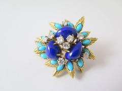 Midcentury French Turquoise Lapis Lazuli Diamond Gold Earrings