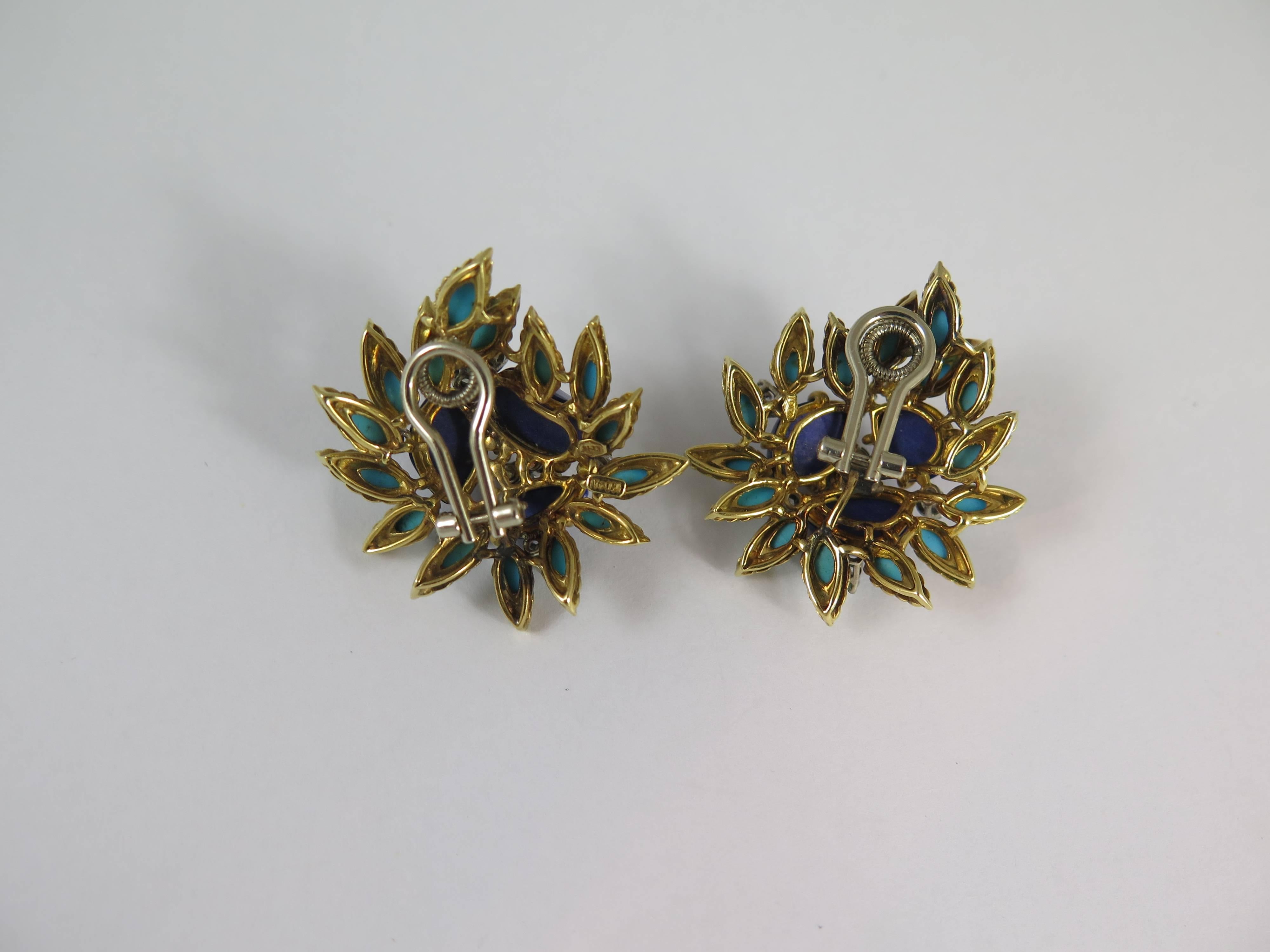 Midcentury French Turquoise Lapis Lazuli Diamond Gold Earrings For Sale ...