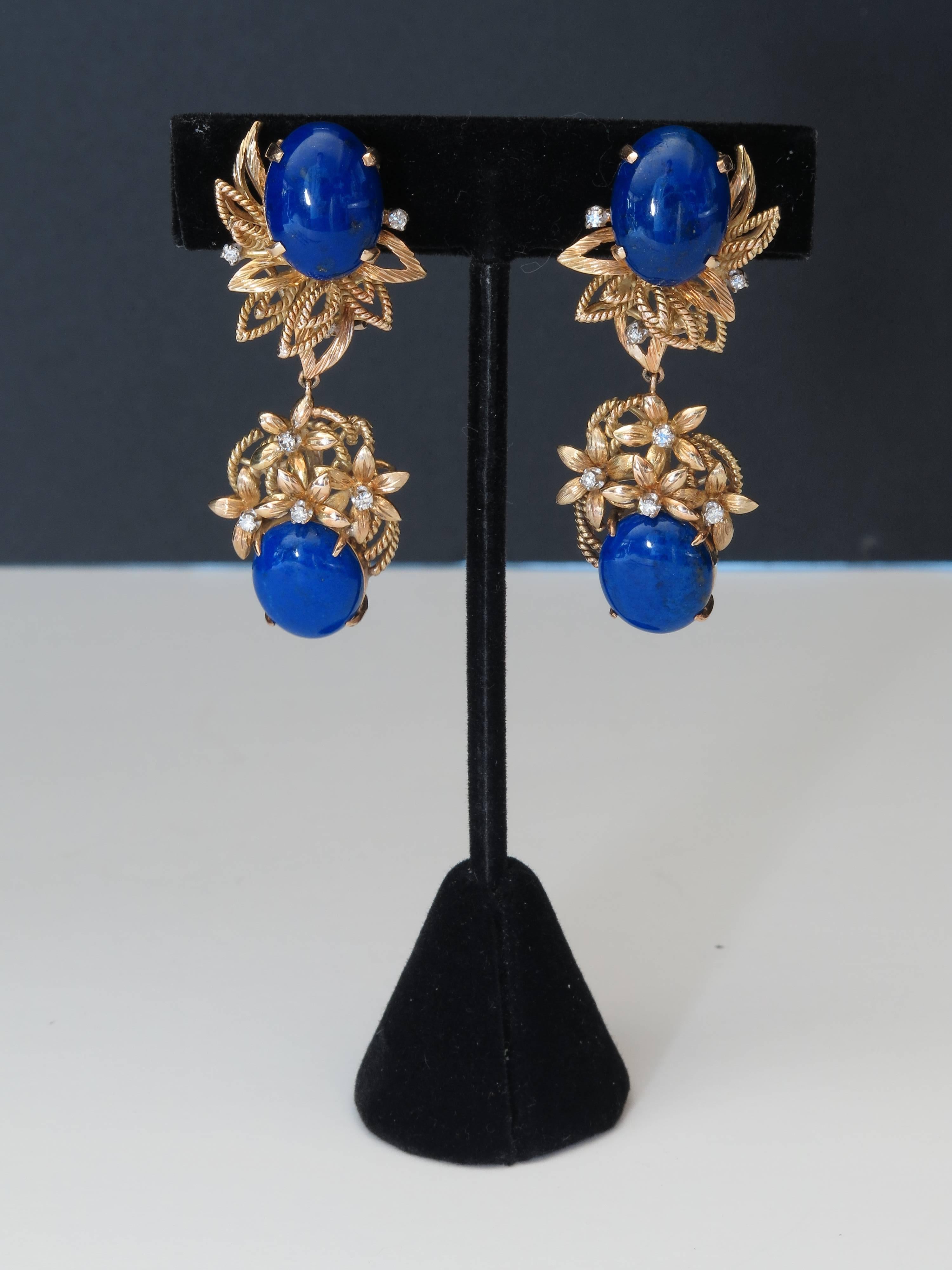 1960s Lapis diamond gold drop dangle earrings In Excellent Condition In Austin, TX