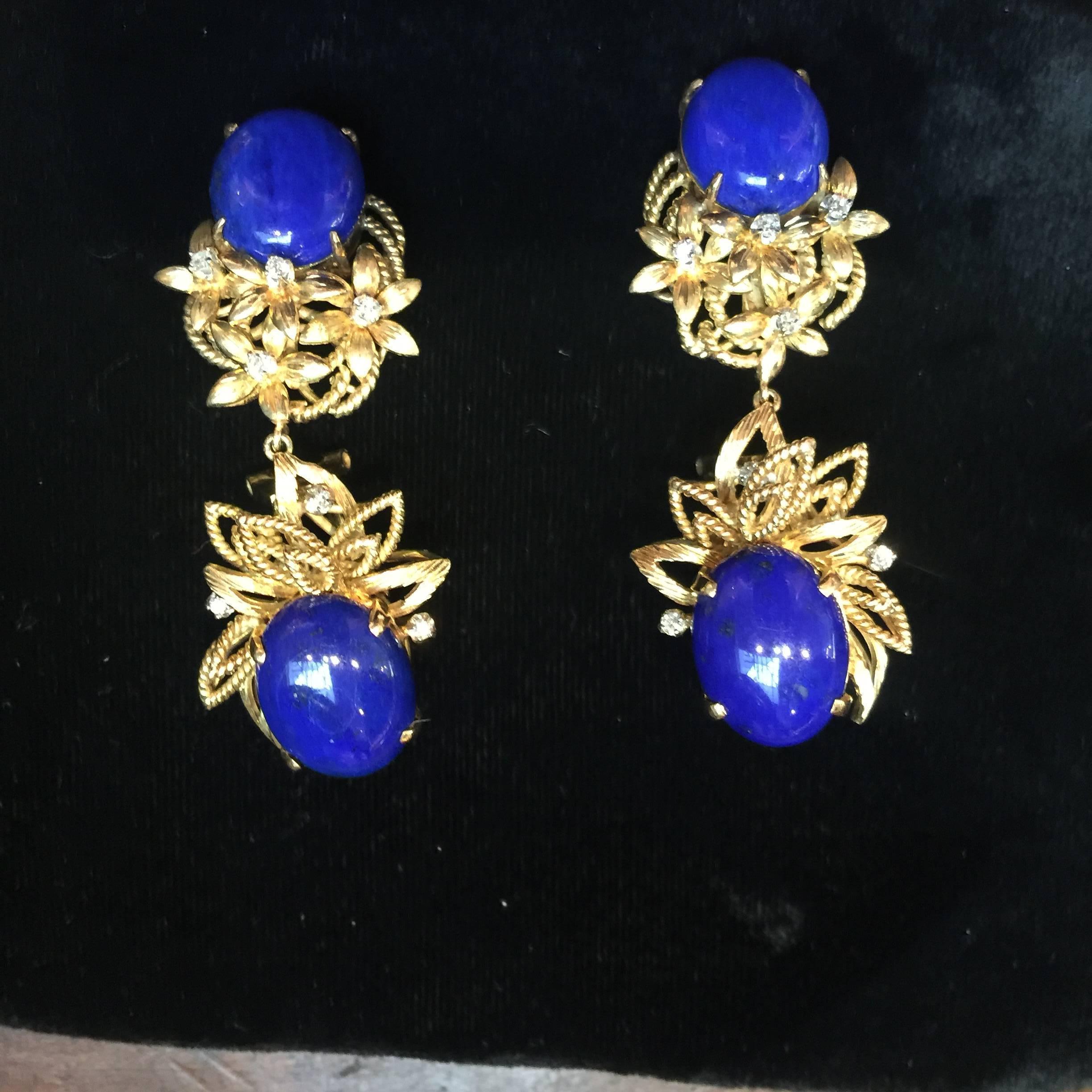 1960s Lapis diamond gold drop dangle earrings 3
