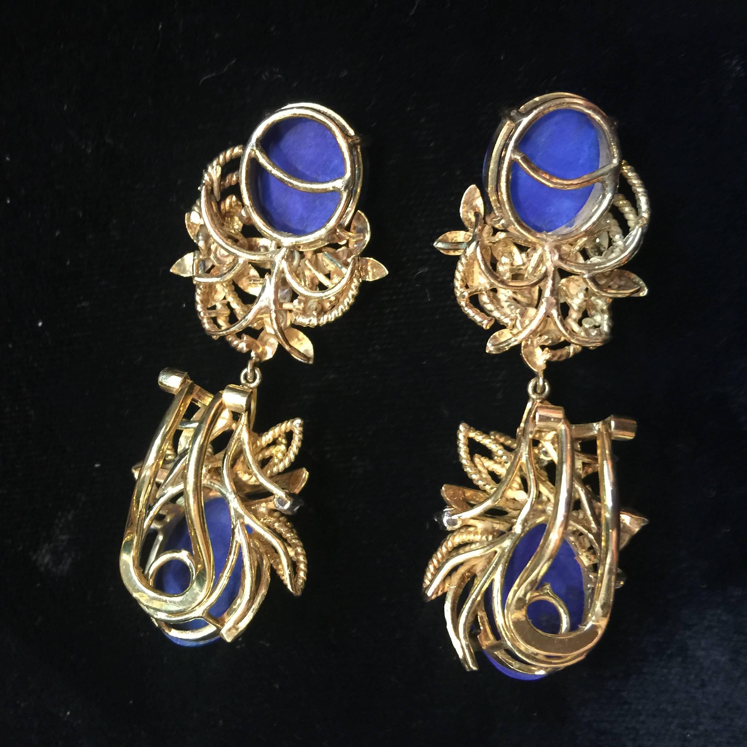 Women's 1960s Lapis diamond gold drop dangle earrings