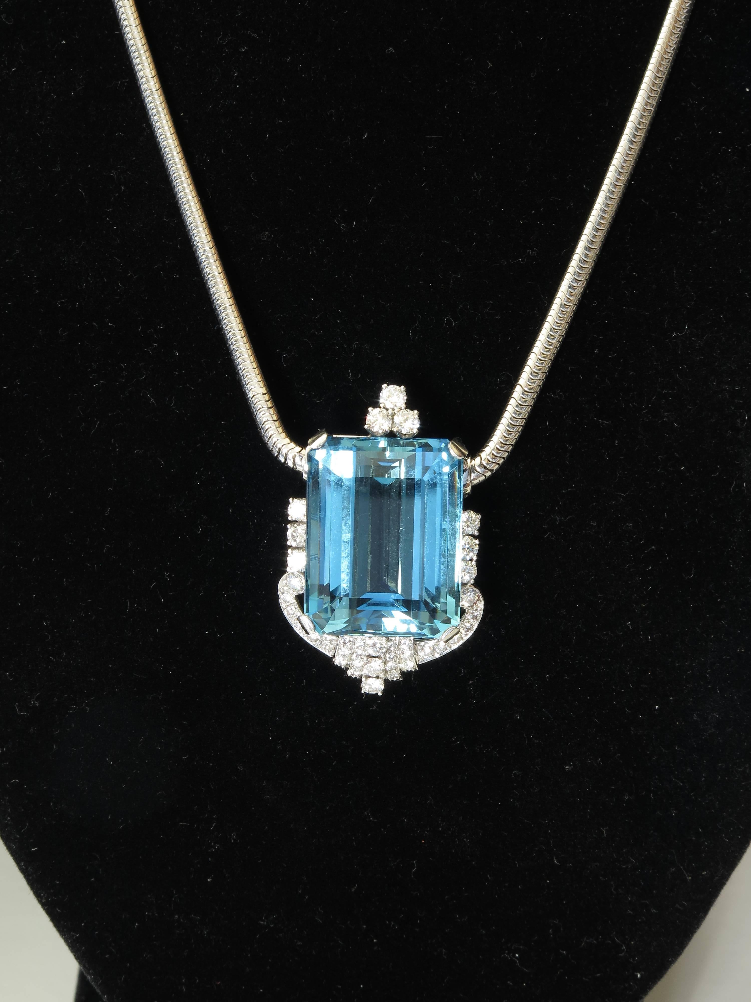 Modern Aquamarine, Diamond, and Platinum Pendant with White Gold Necklace