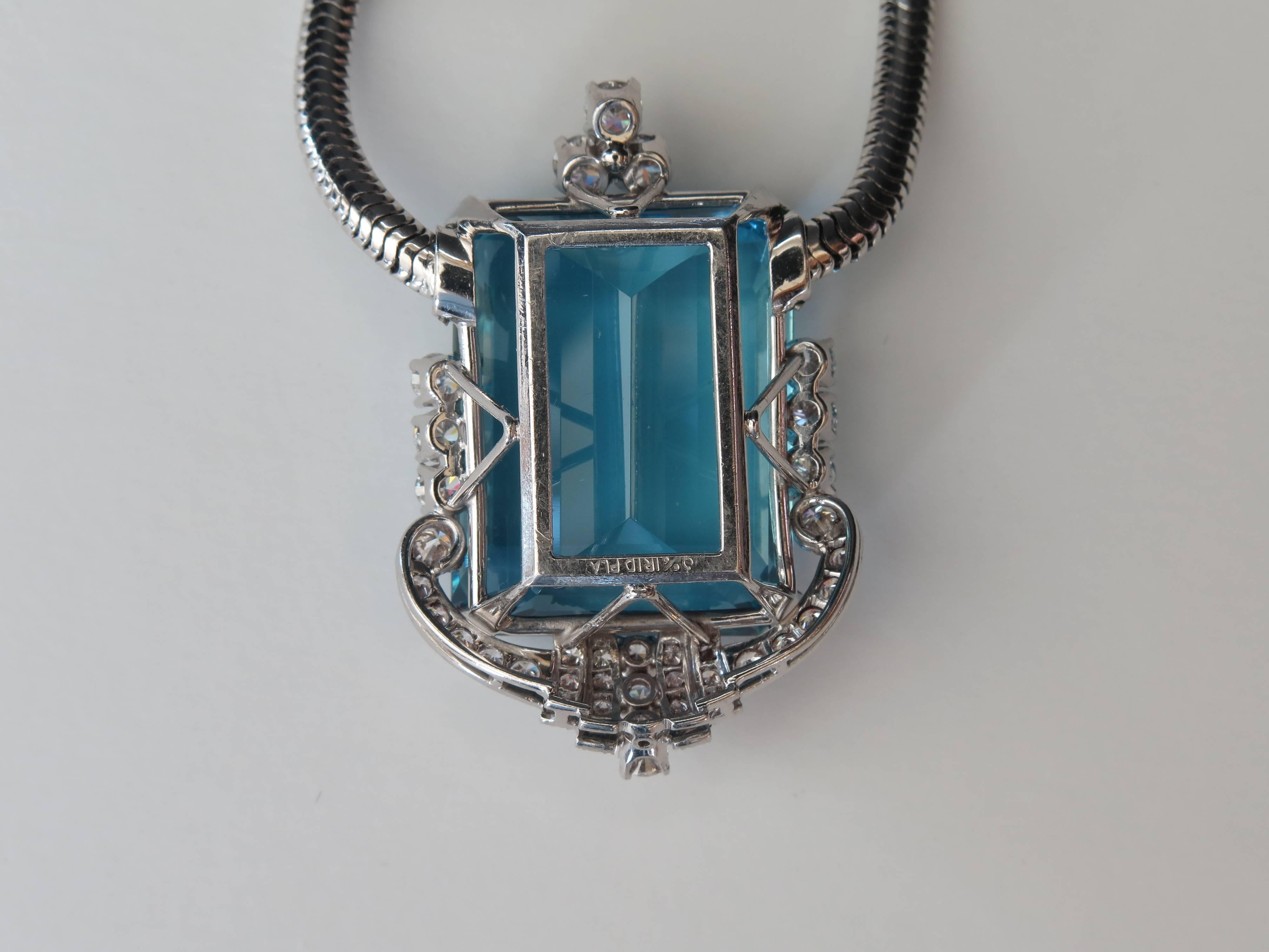 Emerald Cut Aquamarine, Diamond, and Platinum Pendant with White Gold Necklace