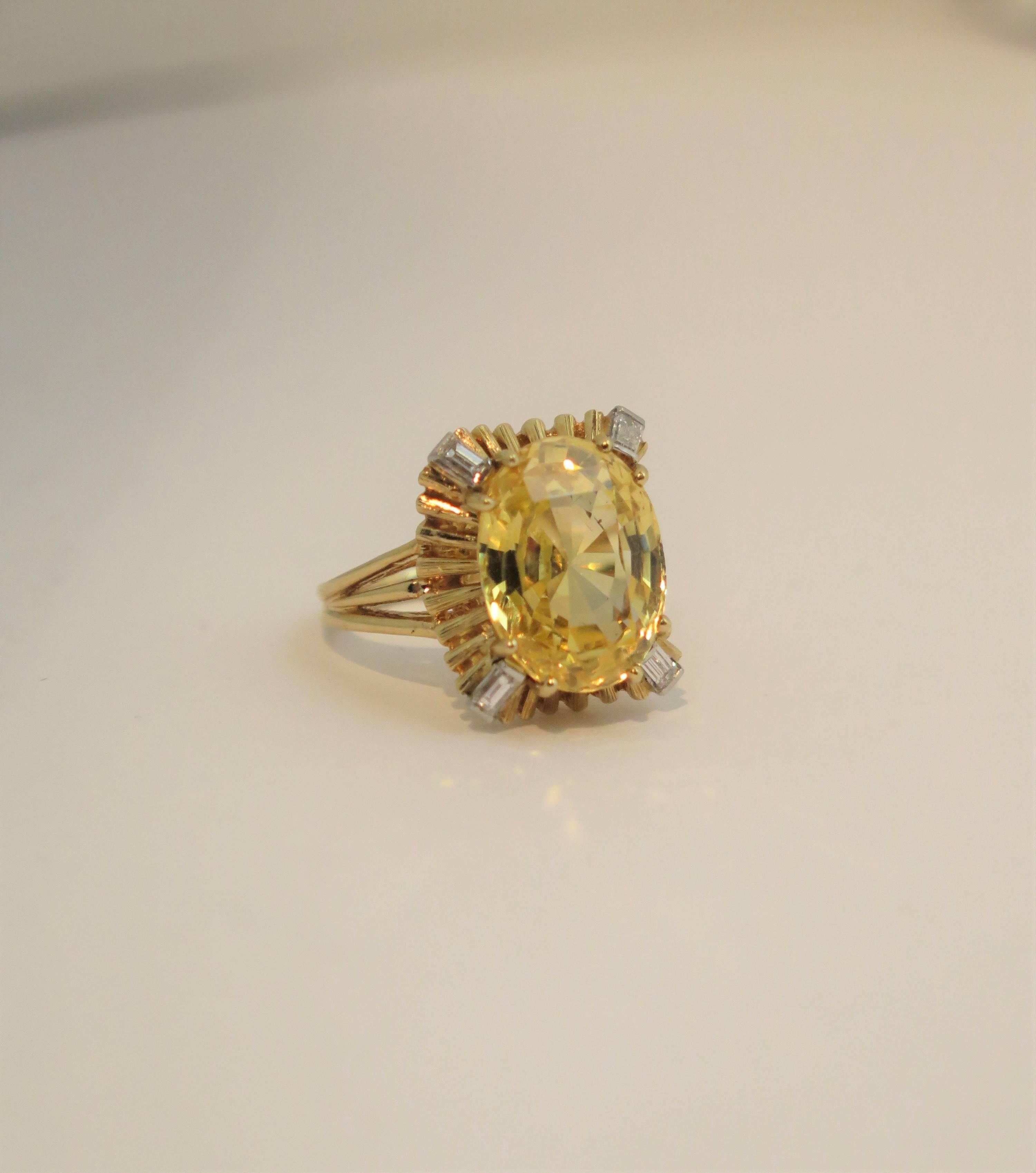 Baguette Cut AGL Certified Natural No Heat 10.05 Carat Yellow Sapphire Diamond Gold Ring