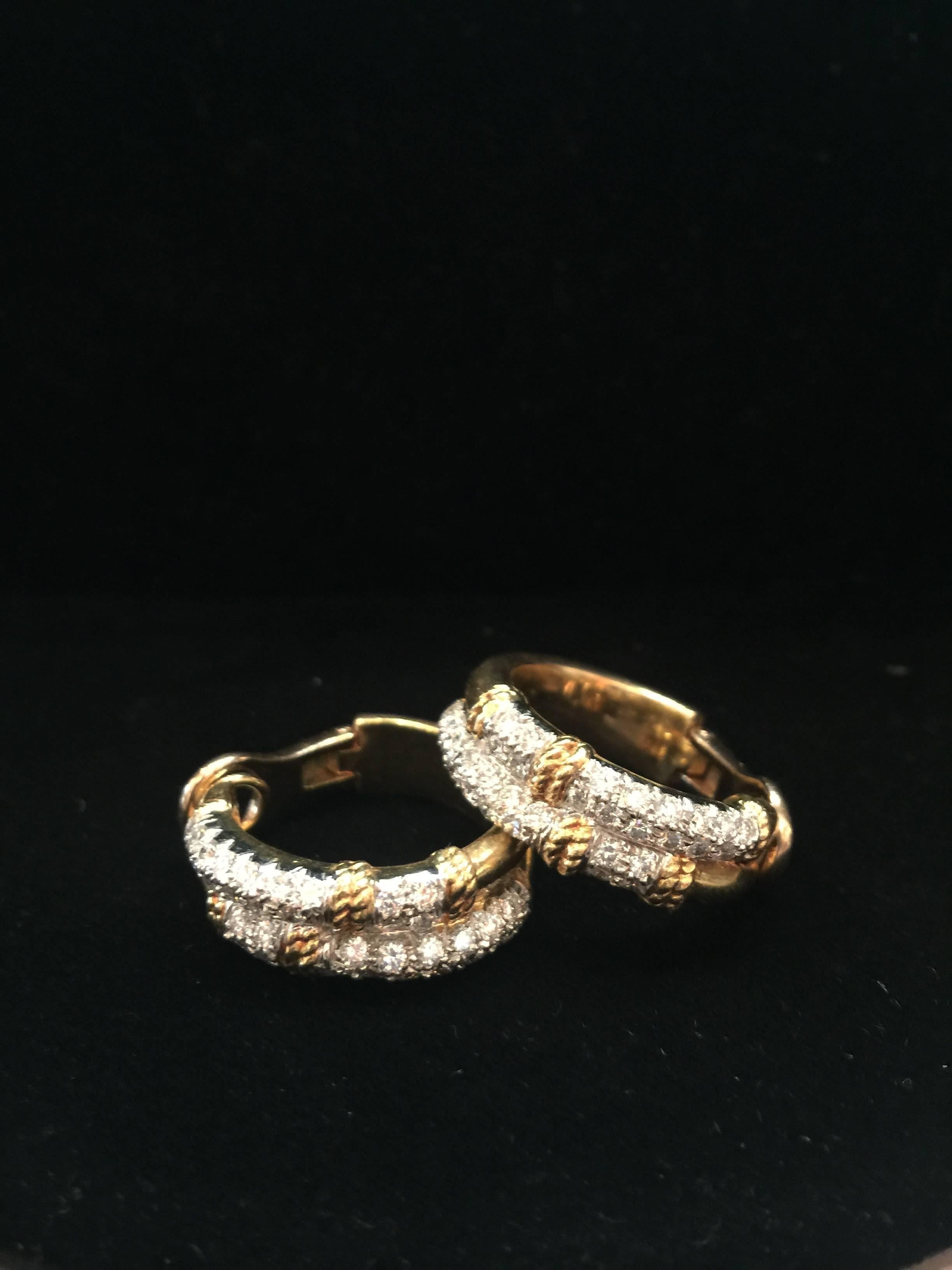 Pair of Gold and Diamond Hoop Earrings by Kutchinsky, 1970 In Good Condition In Austin, TX