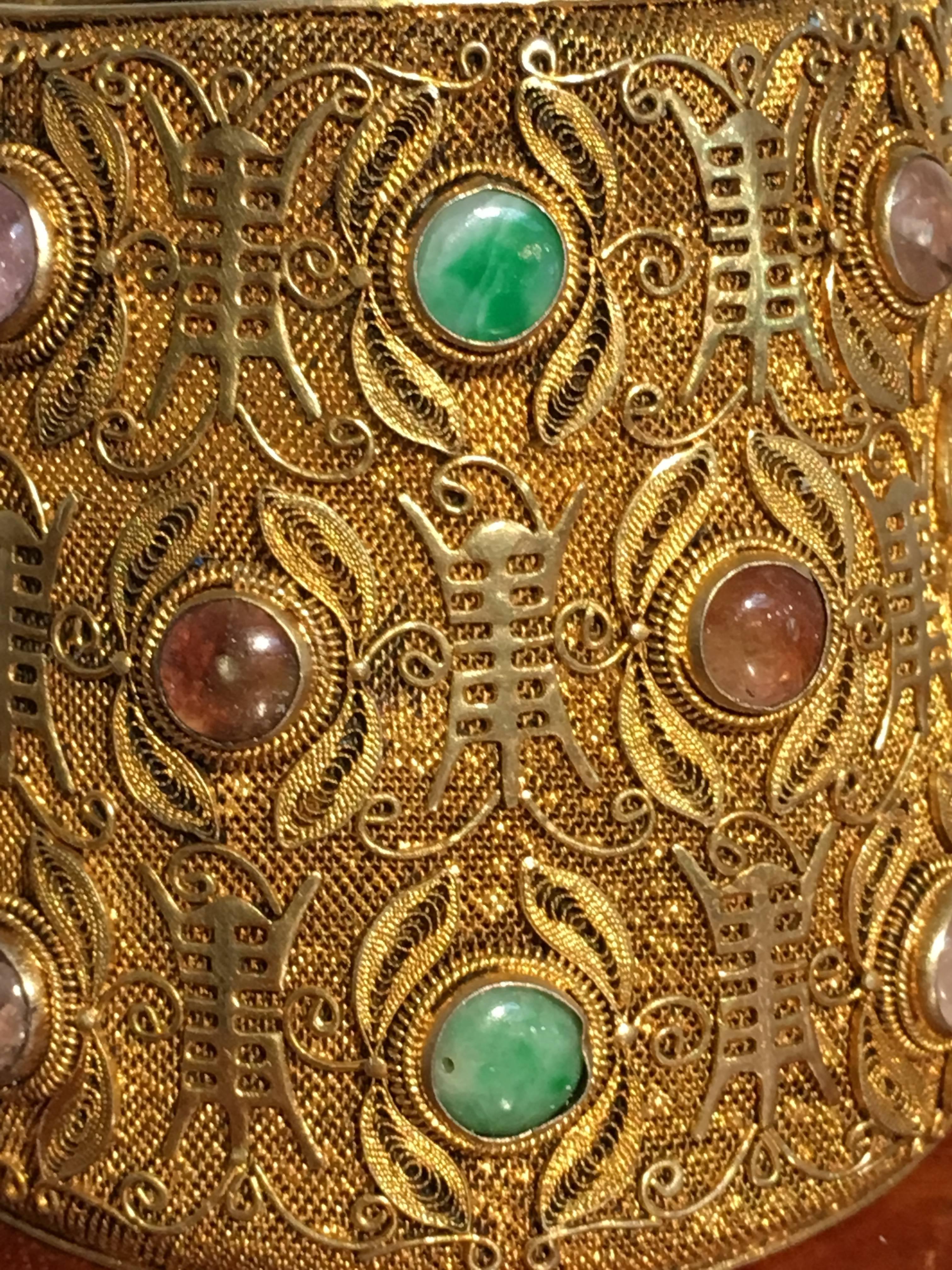 Large Chinese Export Gilt Silver Cuff with Jadeite and Tourmaline, 1940s 3