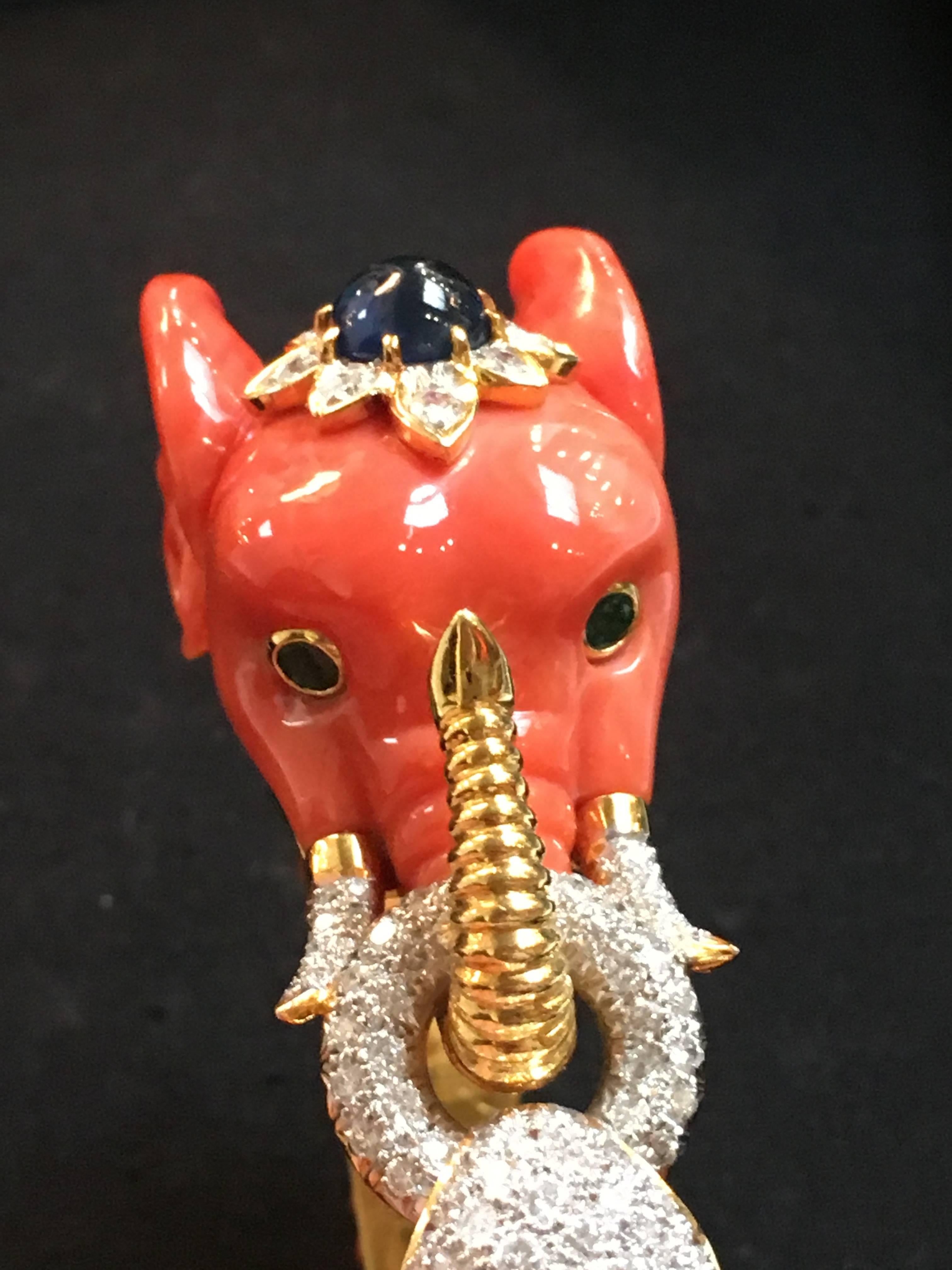 Women's Carved Coral Diamond Sapphire Emerald Elephant Bangle