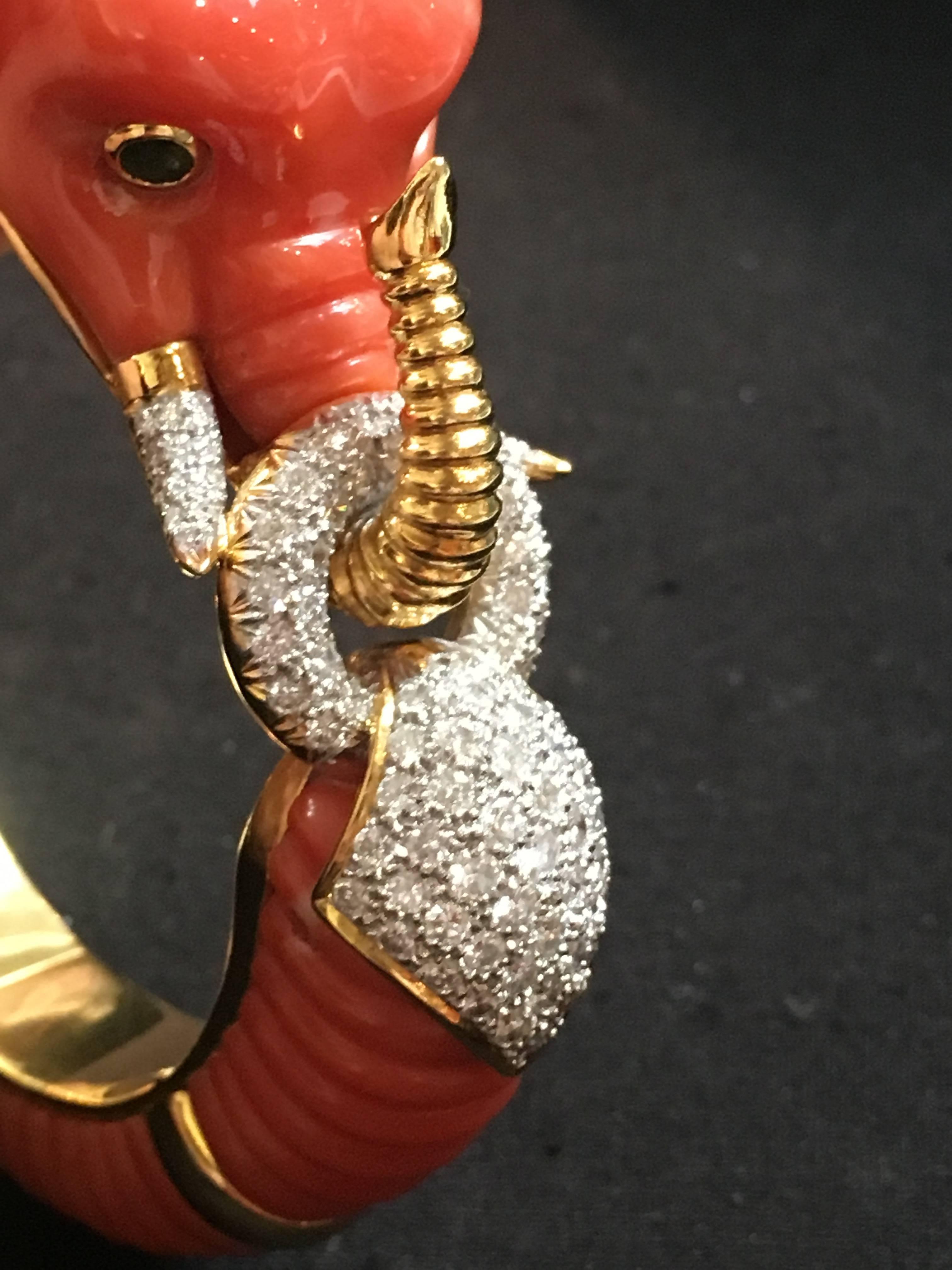Carved Coral Diamond Sapphire Emerald Elephant Bangle 2