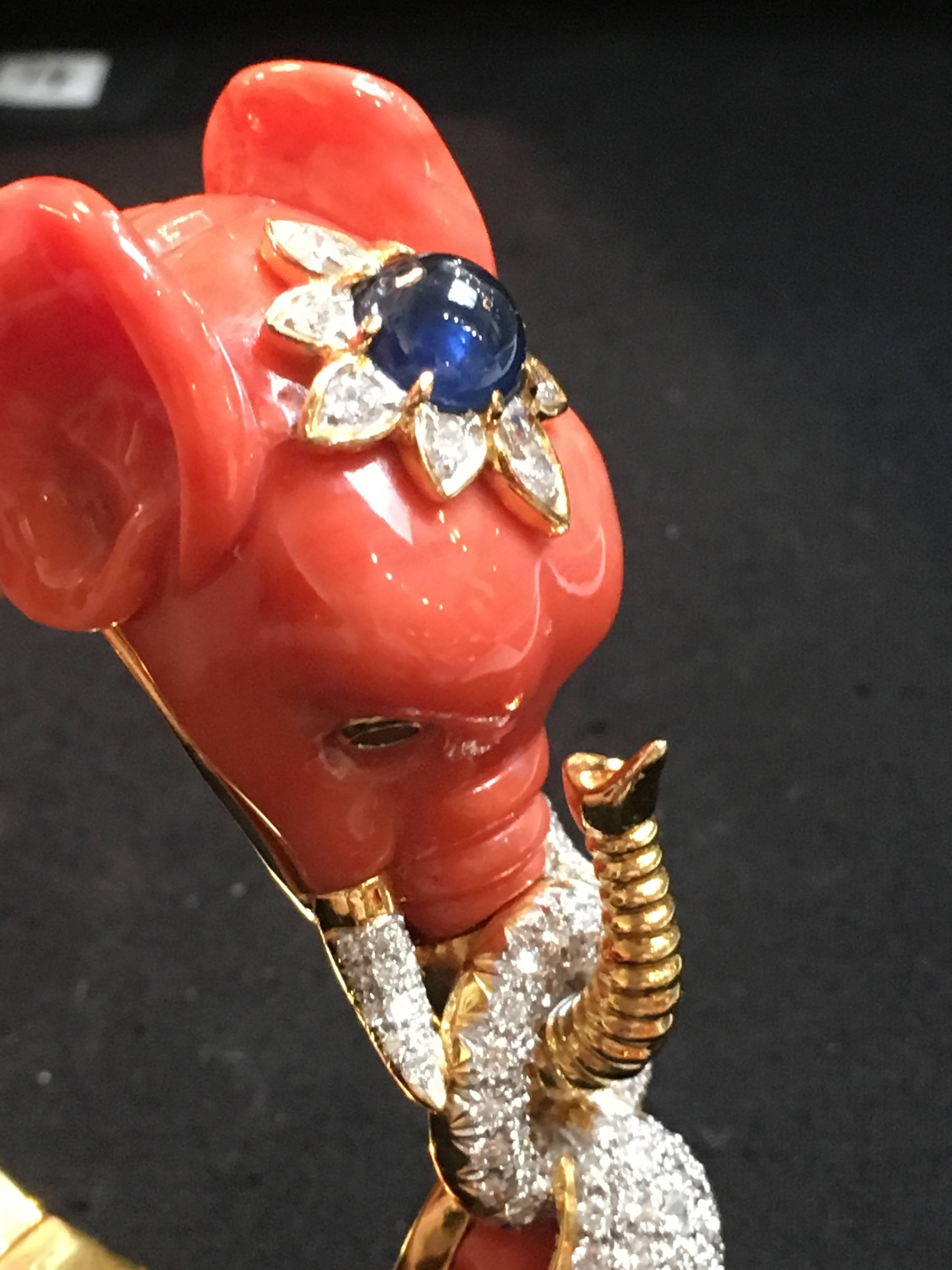 Carved Coral Diamond Sapphire Emerald Elephant Bangle 1
