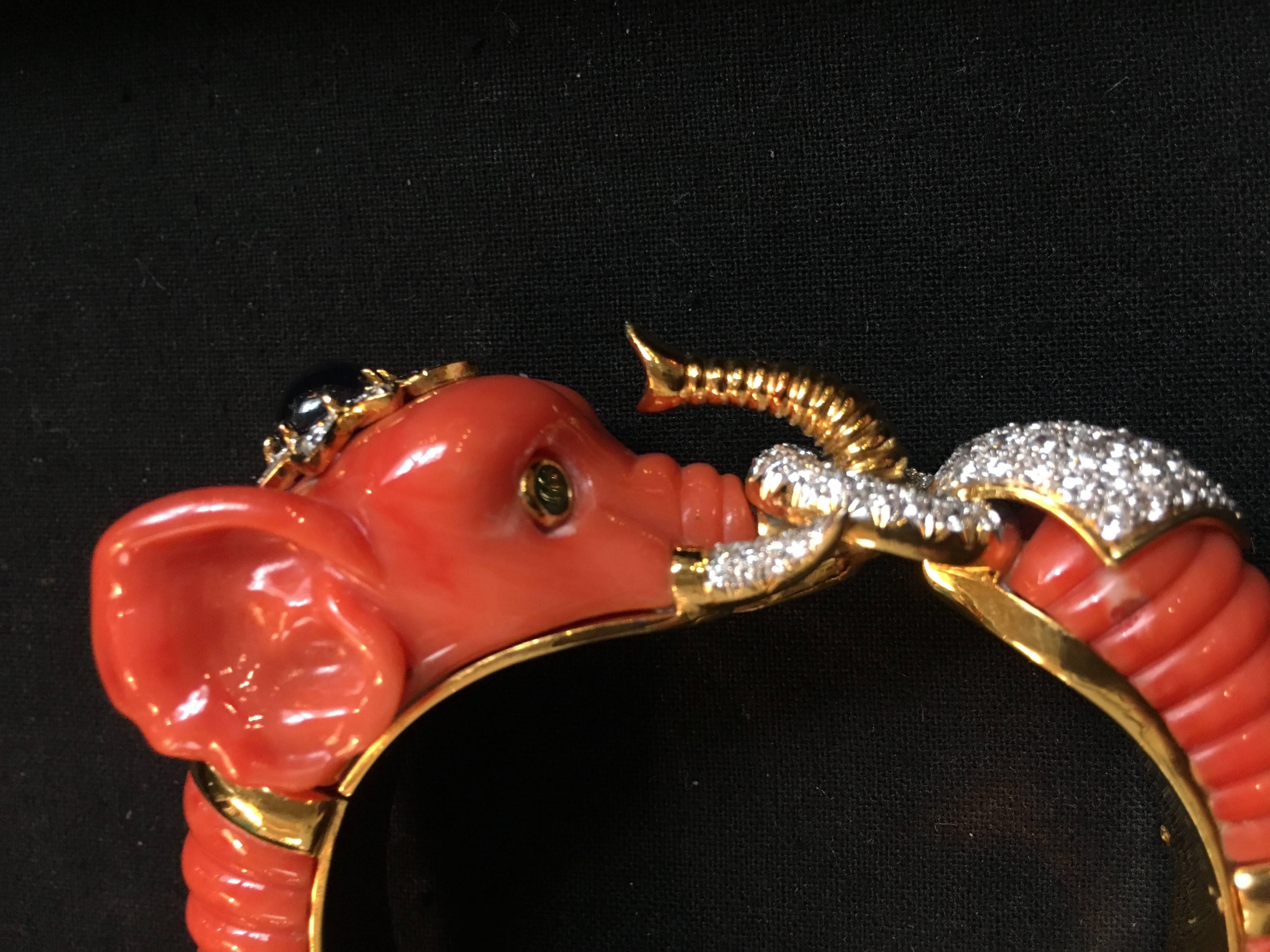 Carved Coral Diamond Sapphire Emerald Elephant Bangle In Good Condition In Austin, TX