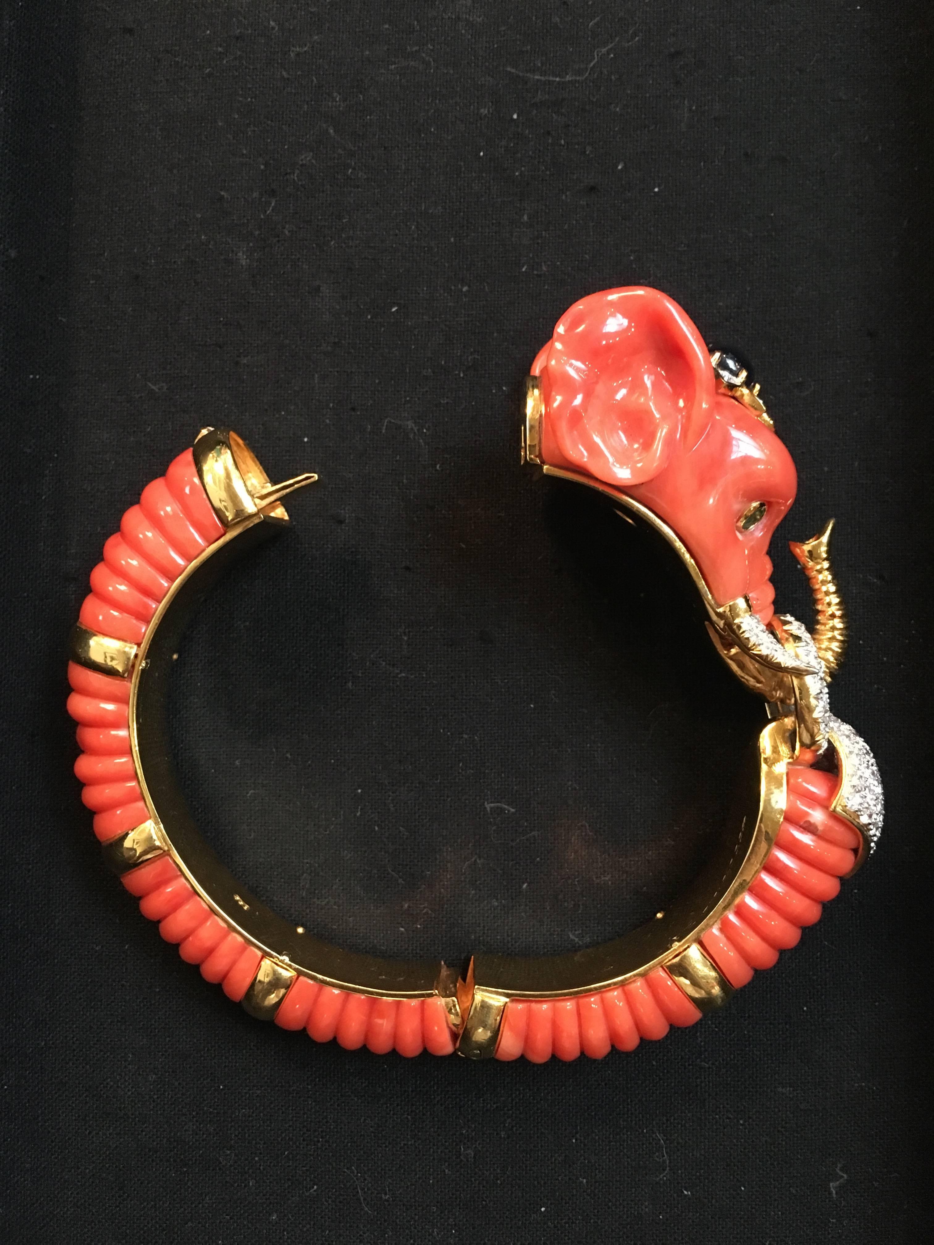 Contemporary Carved Coral Diamond Sapphire Emerald Elephant Bangle