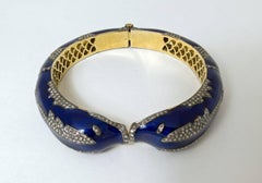 Russian Blue Enamel Diamond Gold Dolphin Bracelet Bangle