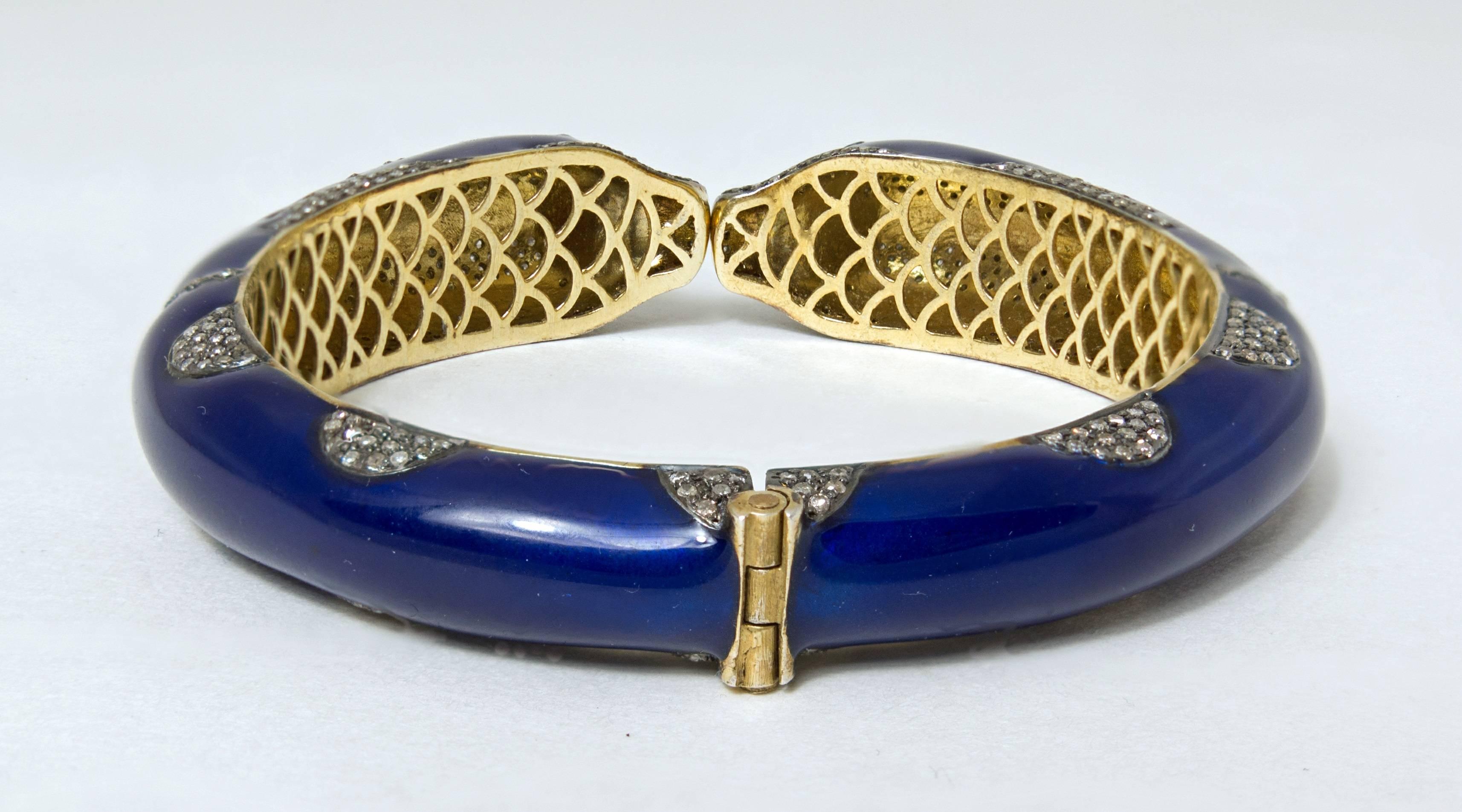 Russian Empire Russian Blue Enamel Diamond Gold Dolphin Bracelet Bangle For Sale