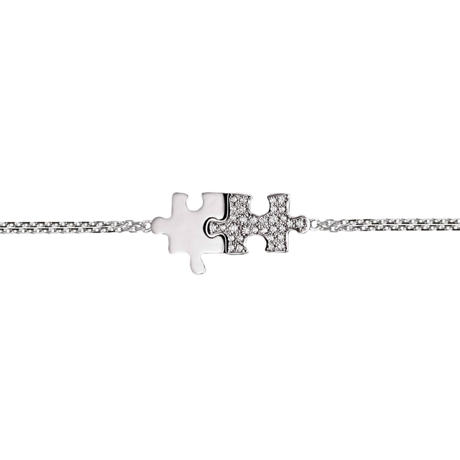 Akillis Puzzle Duo Bracelet 18 Karat White Gold Half-Set White Diamonds For Sale