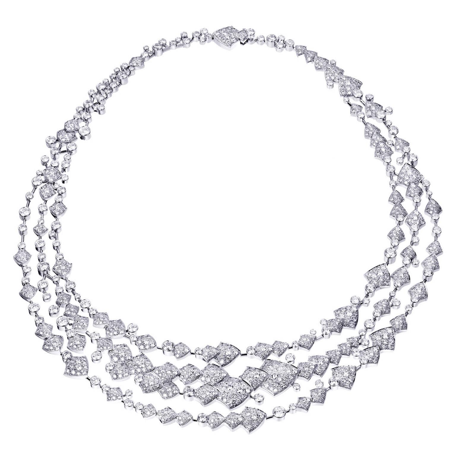 Akillis High Jewelry Python Three Ranges Necklace 18 Karat Gold White Diamonds For Sale