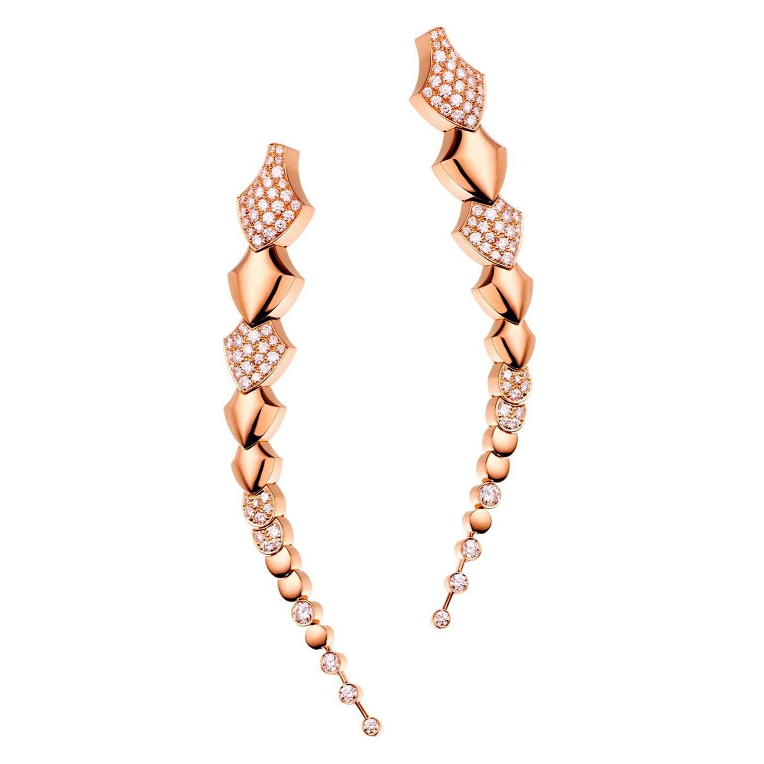 Akillis Python Pendant Earrings 18 Karat Rose Gold Half-Set White Diamonds For Sale