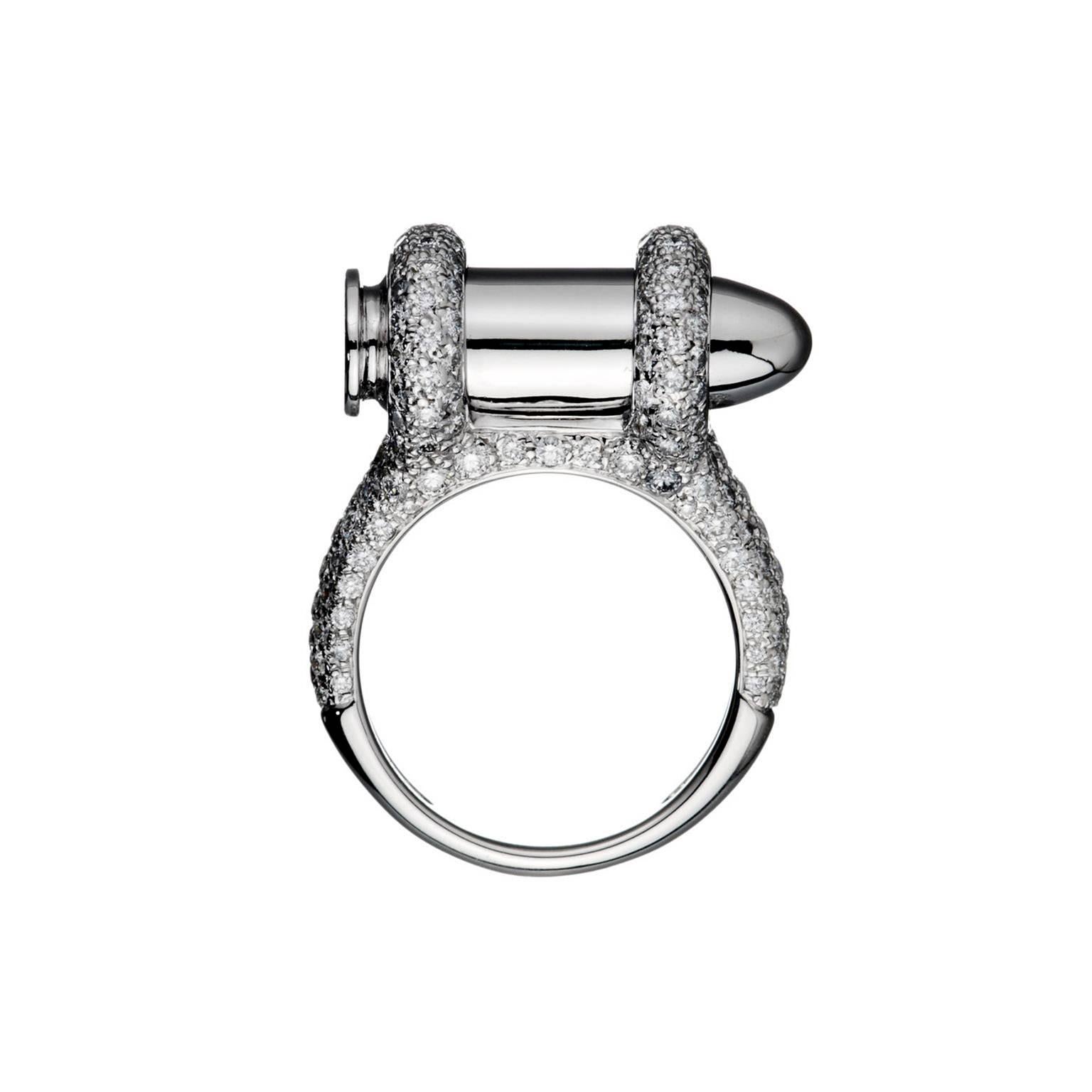 Akillis Bang Bang Bullet Ring 18 Karat Half-Set White Gold White Diamonds For Sale