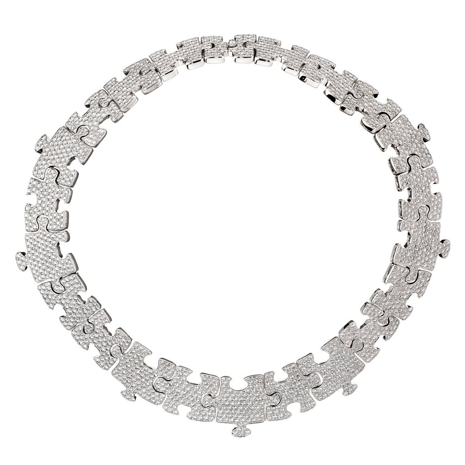 Akillis Puzzle Necklace 18 Karat White Gold White Diamonds For Sale