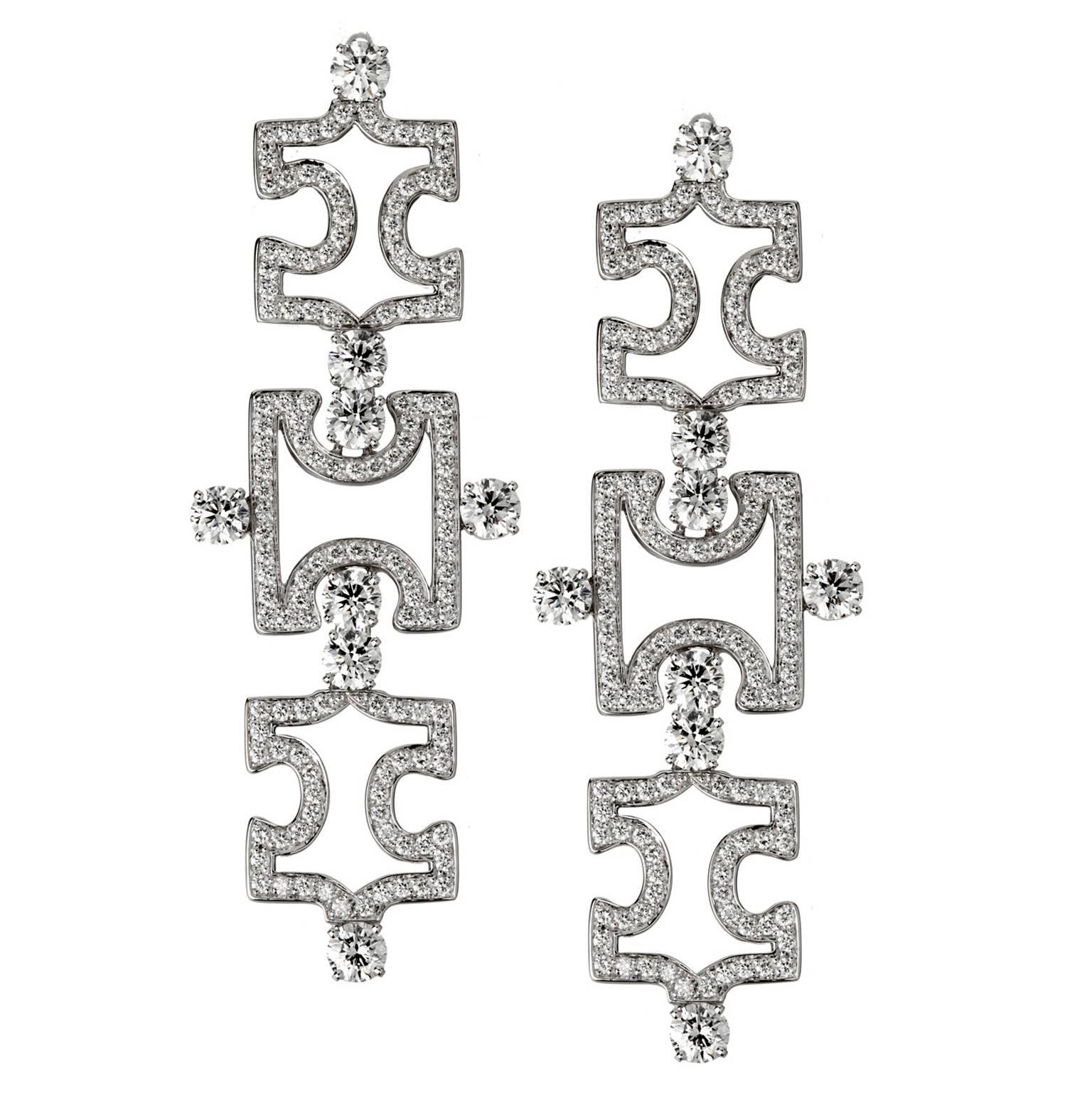 Akillis Puzzle Pendant Earrings 18 Karat White Gold White Diamonds For Sale