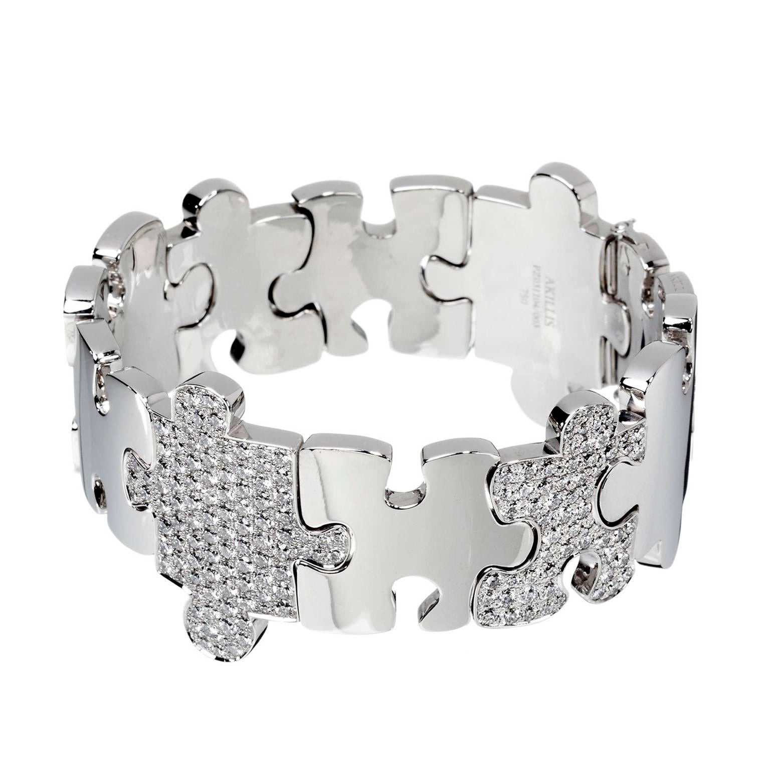 Akillis Puzzle Bracelet 18 Karat White Gold Half-Set White Diamonds For Sale