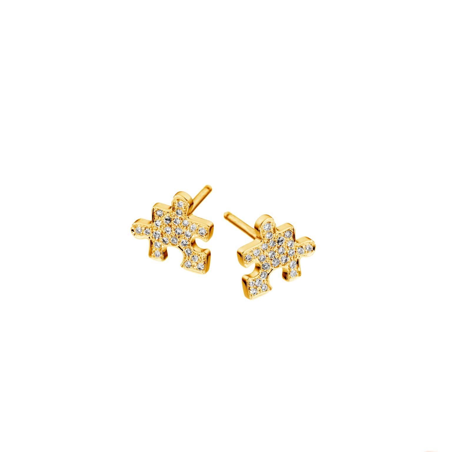 Akillis Mini Puzzle Studs Earrings 18 Karat Yellow Gold White Diamonds For Sale