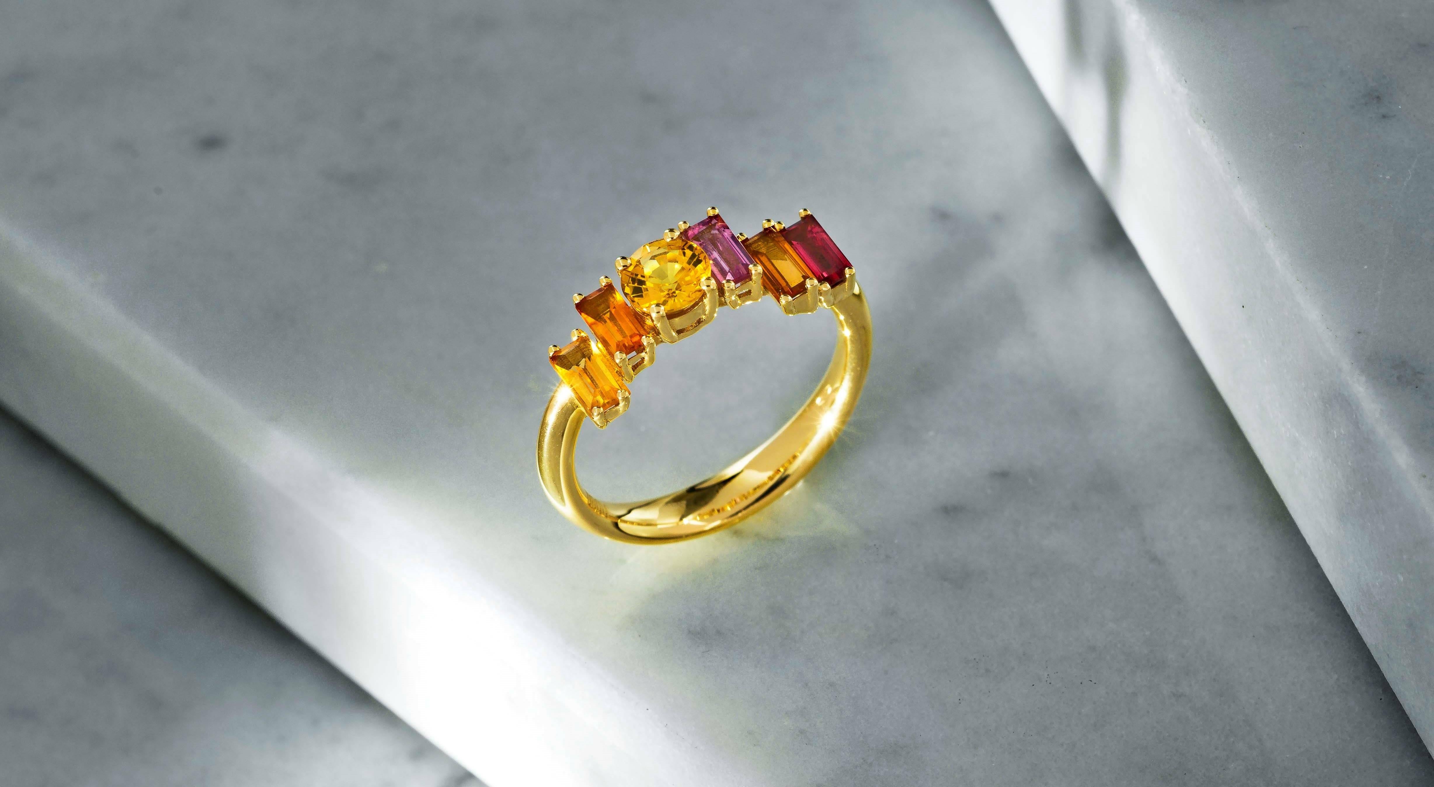 Contemporary Daou Golden Light Sunset Sunrise Ring, Sapphire, Citrine, Tourmaline and Gold