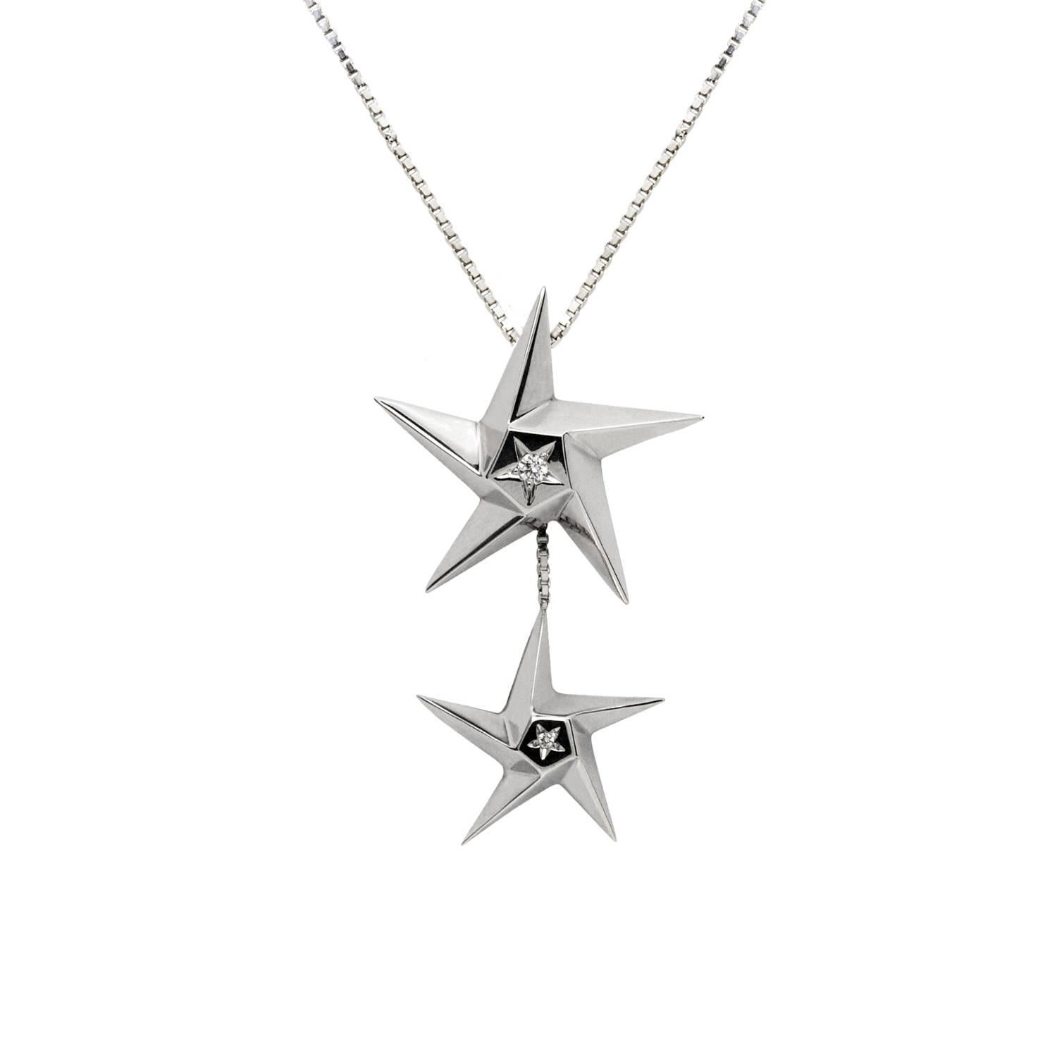 Daou Star Drop Diamond and White Gold Two-Star Graduated Pendant Drop Necklace