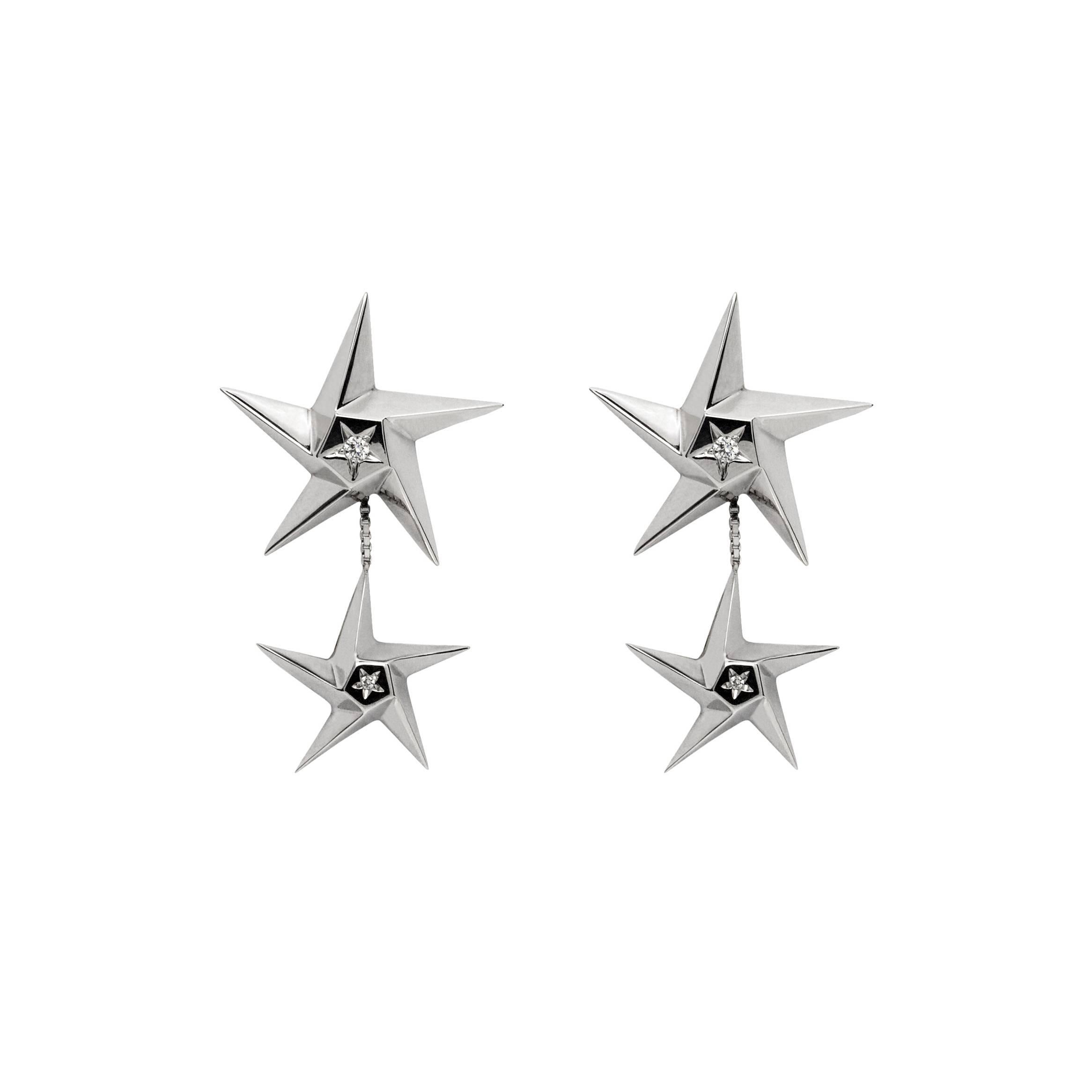Daou Diamond Star Earrings in White Gold with Convertible Star Drop Earrings For Sale