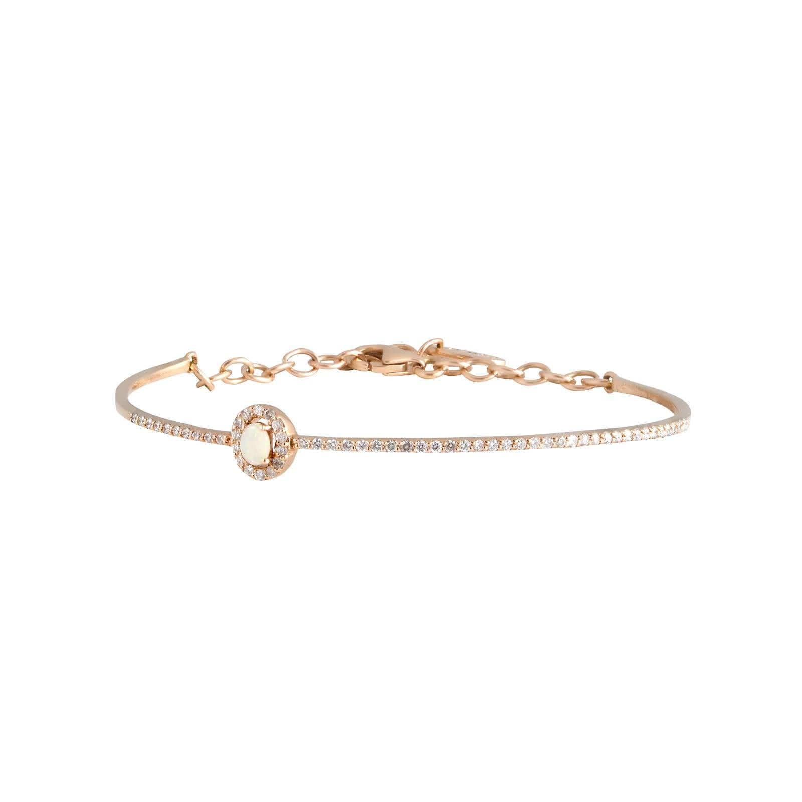Daou Diamond and Opal Ellipse Rose Gold Halo Delicate Bangle Bracelet For Sale