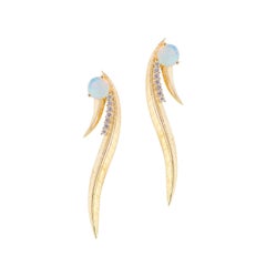 Daou Art Nouveau Style Phoenix Feather Earrings in Opal, Diamond, Gold