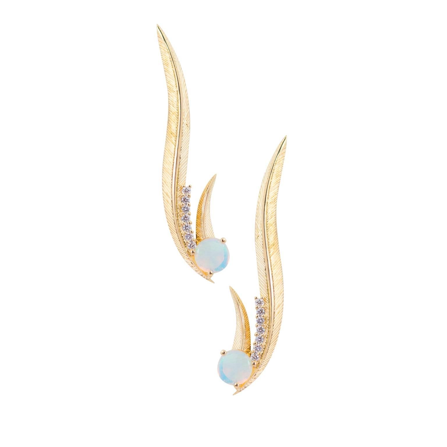 Daou Art Nouveau Style Phoenix Feather Earrings in Opal, Diamond, Gold  In New Condition For Sale In London, EMEA - British Isles