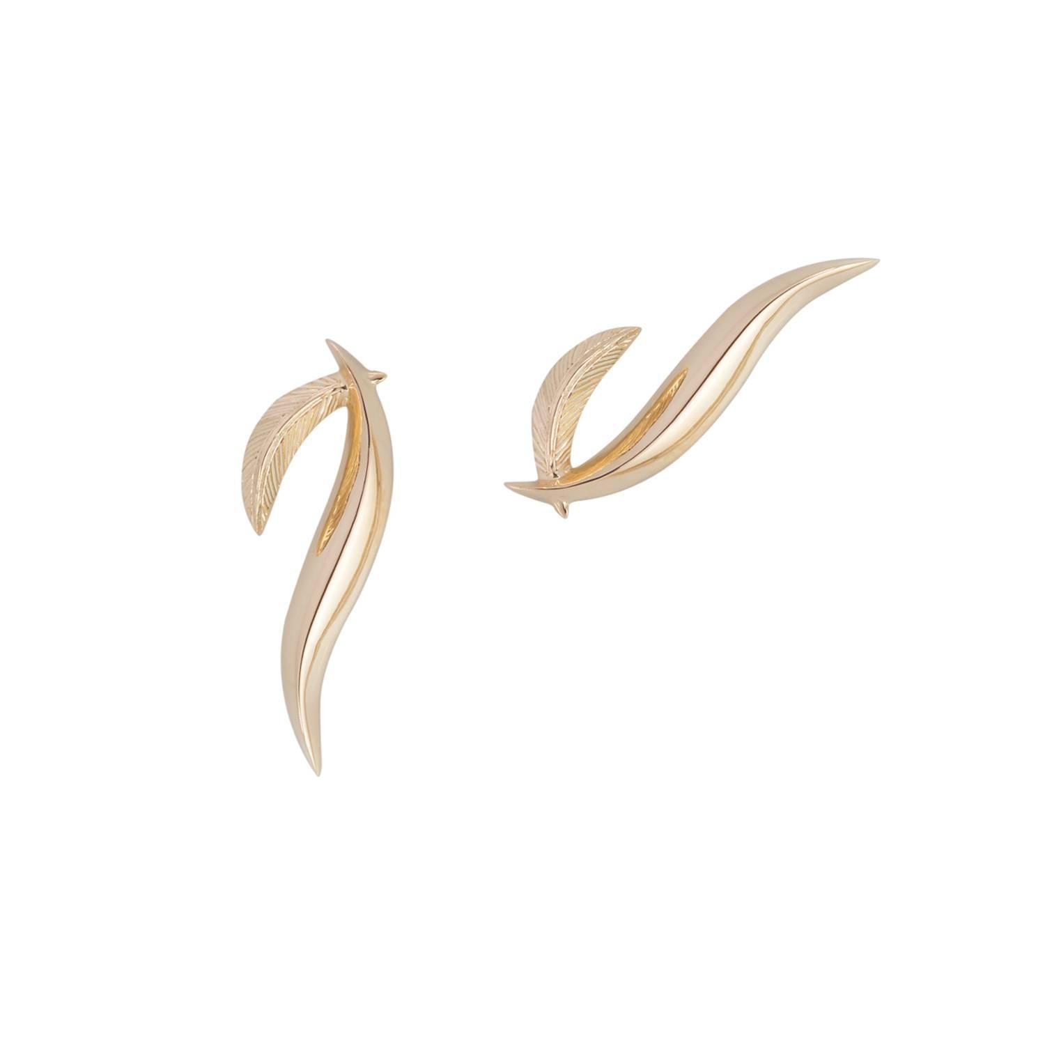 Daou Art Nouveau Yellow Gold Style Feather Stud Earrings  In New Condition In London, EMEA - British Isles