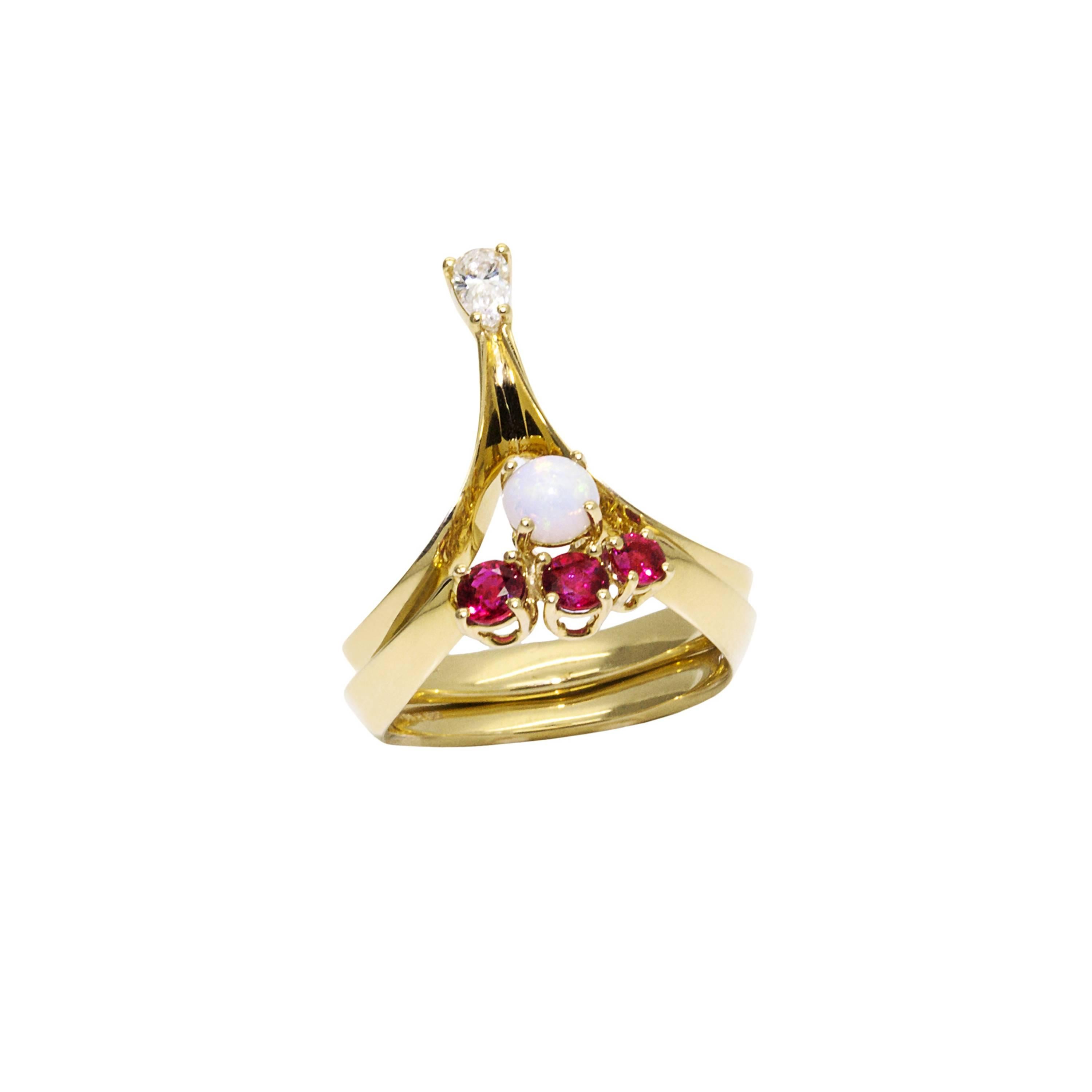 Contemporary Daou Ruby and Opal Yellow Gold Trilogy Crown Ring For Sale
