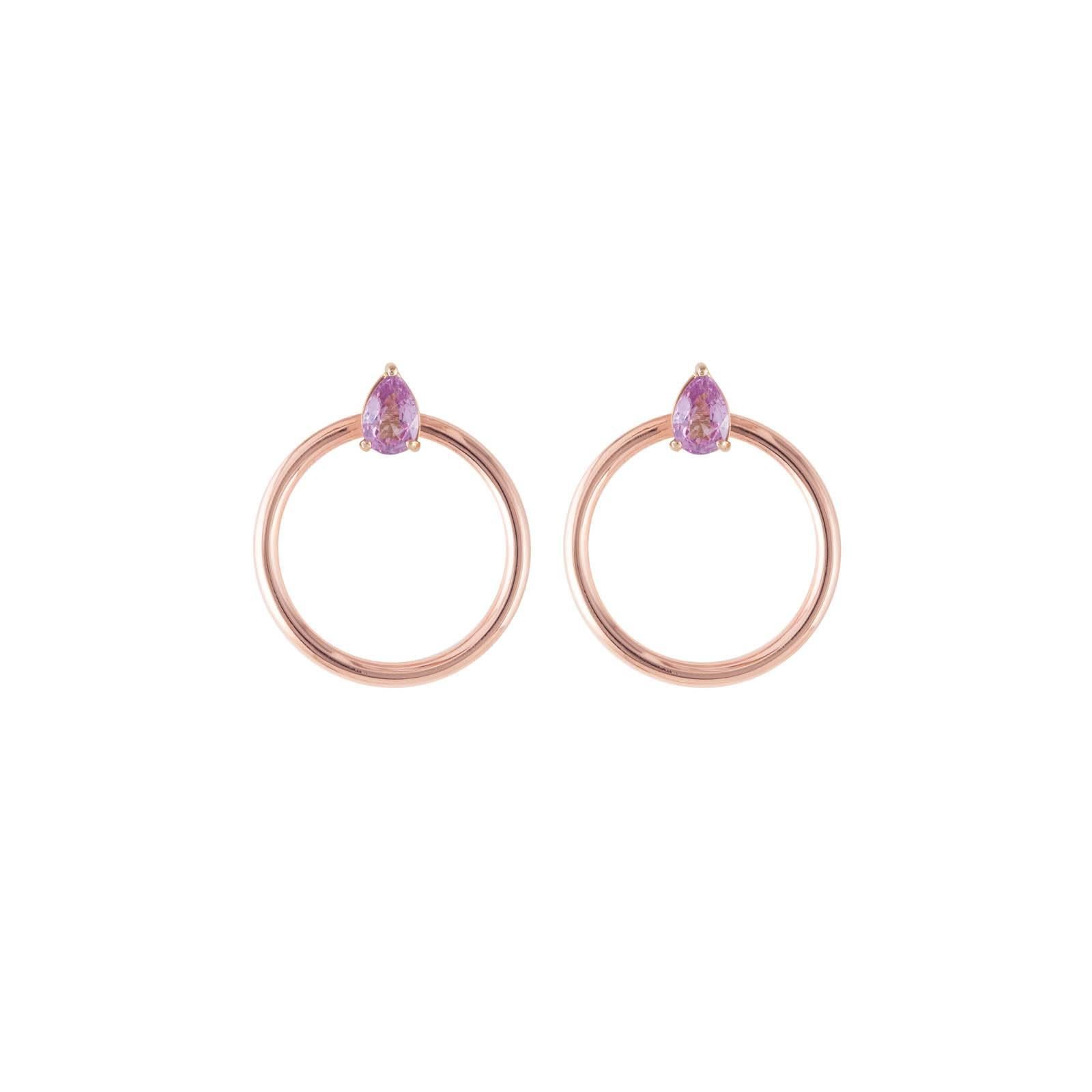 Daou Pink Sapphire Pear and Rose Gold Hoop Earrings from the Orbit Collection For Sale