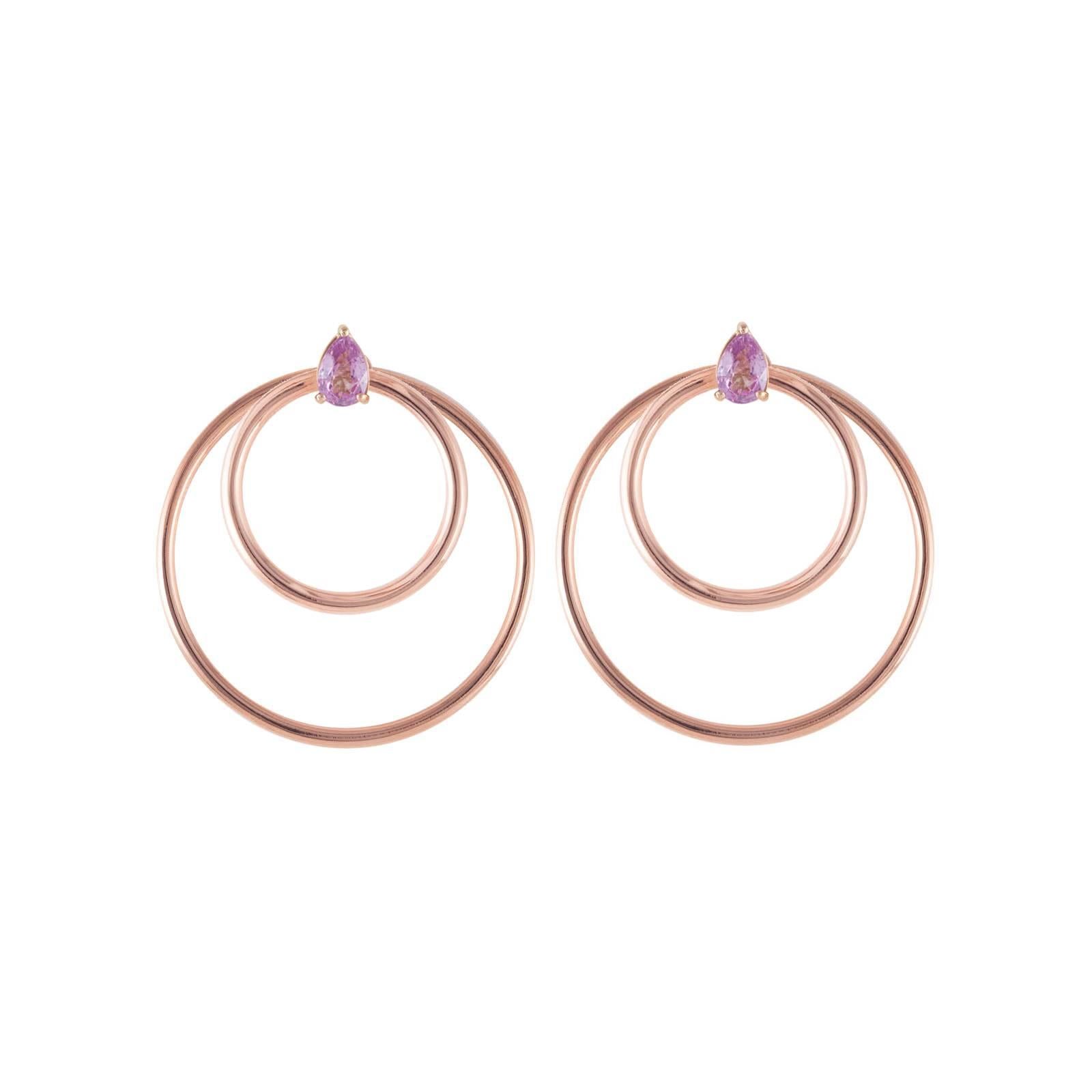 Pink Sapphire and rose gold small front facing hoop earrings. Simple chic earrings set with pear cut pink sapphires in rose pink gold. Perfectly geometrically balanced to be pleasingly elegant and flattering. A perfect complement to the Quanta