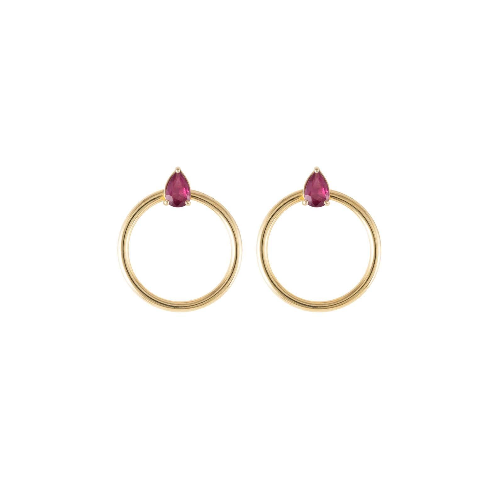 Contemporary Daou Ruby Pear 18K Gold Convertible Double Orbit Hoops Earrings For Sale