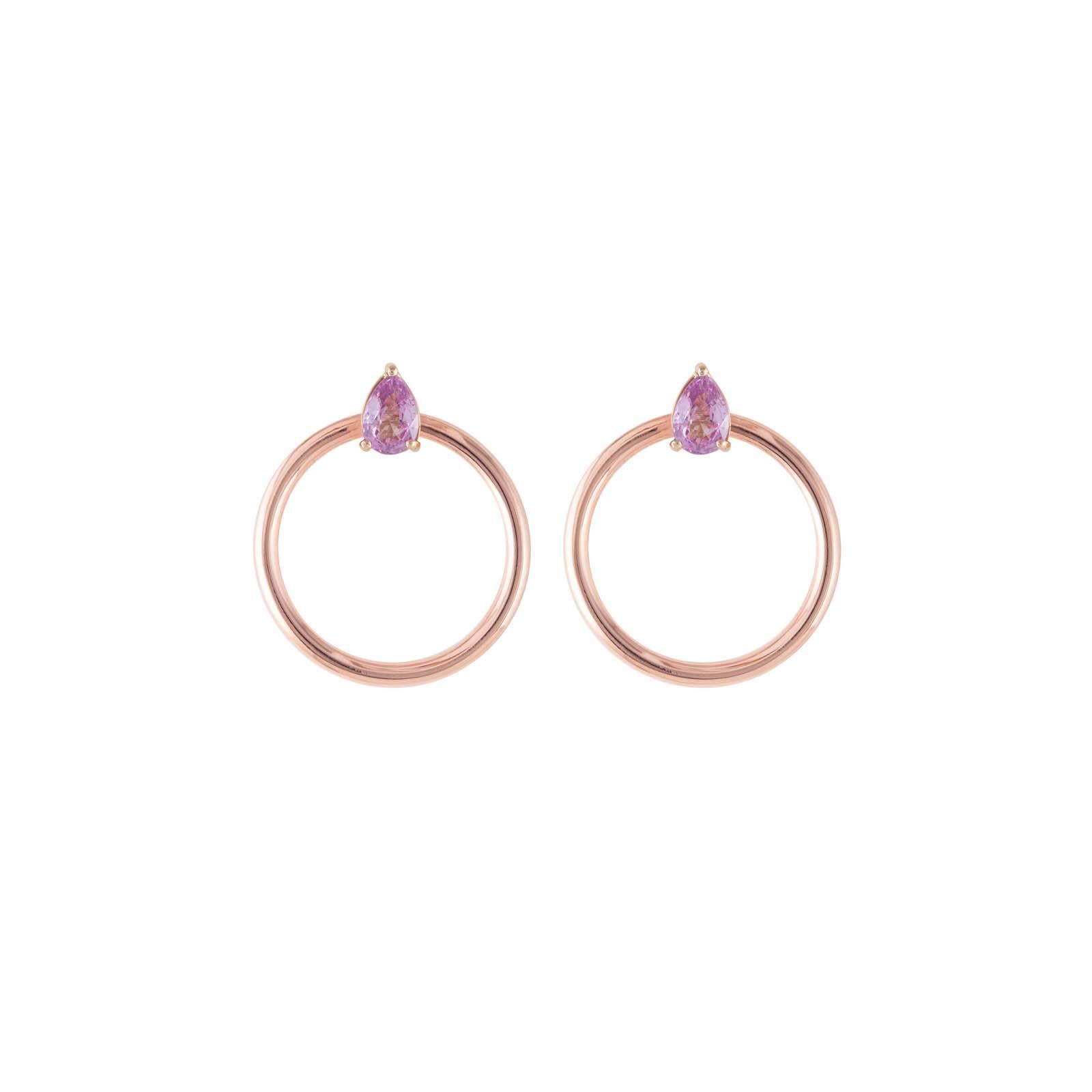 Pink Sapphire and rose gold small front facing hoop earrings and the Large Orbit Hoop Multiplier earring jackets are here sold as a set and offered at a discount.. Simple chic earrings set with pear cut pink sapphires in 18 karat rose pink gold.