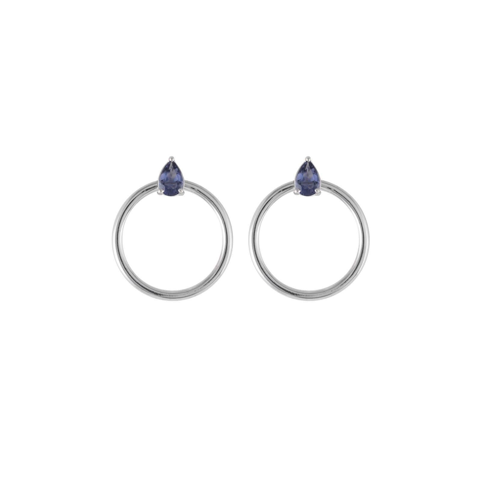 Iolite and white gold small front facing hoop earrings and the Large Orbit Hoop Multiplier earring jackets are here sold as a set and offered at a discount. Simple chic earrings set with pear cut iolite gemstones in 18 karat white gold. Perfectly
