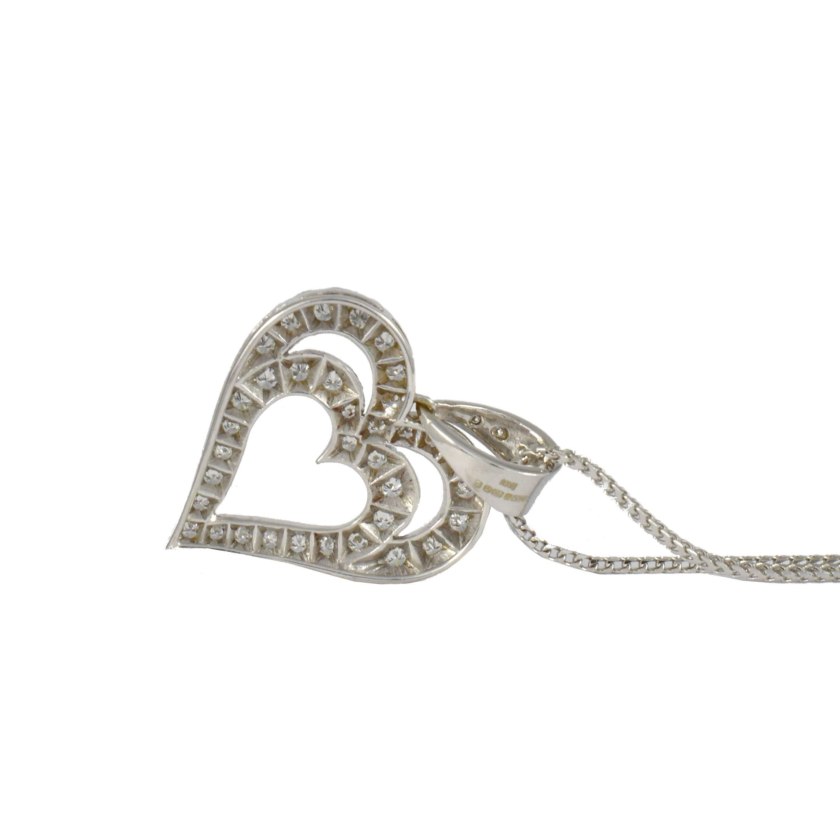 Contemporary Daou Diamond 18K White Gold Heart in Heart Pendant Necklace For Sale