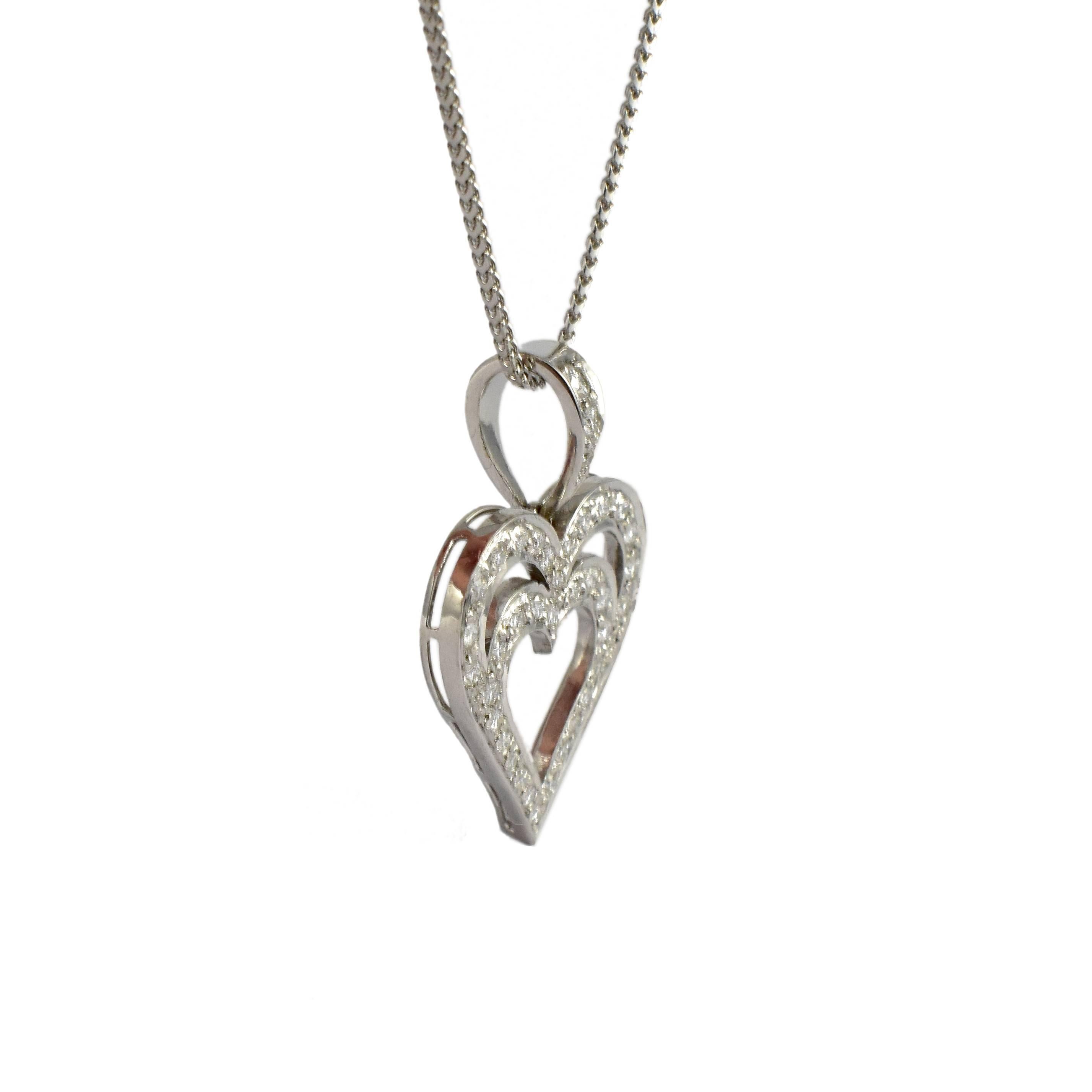 Daou Diamond 18K White Gold Heart in Heart Pendant Necklace For Sale 3